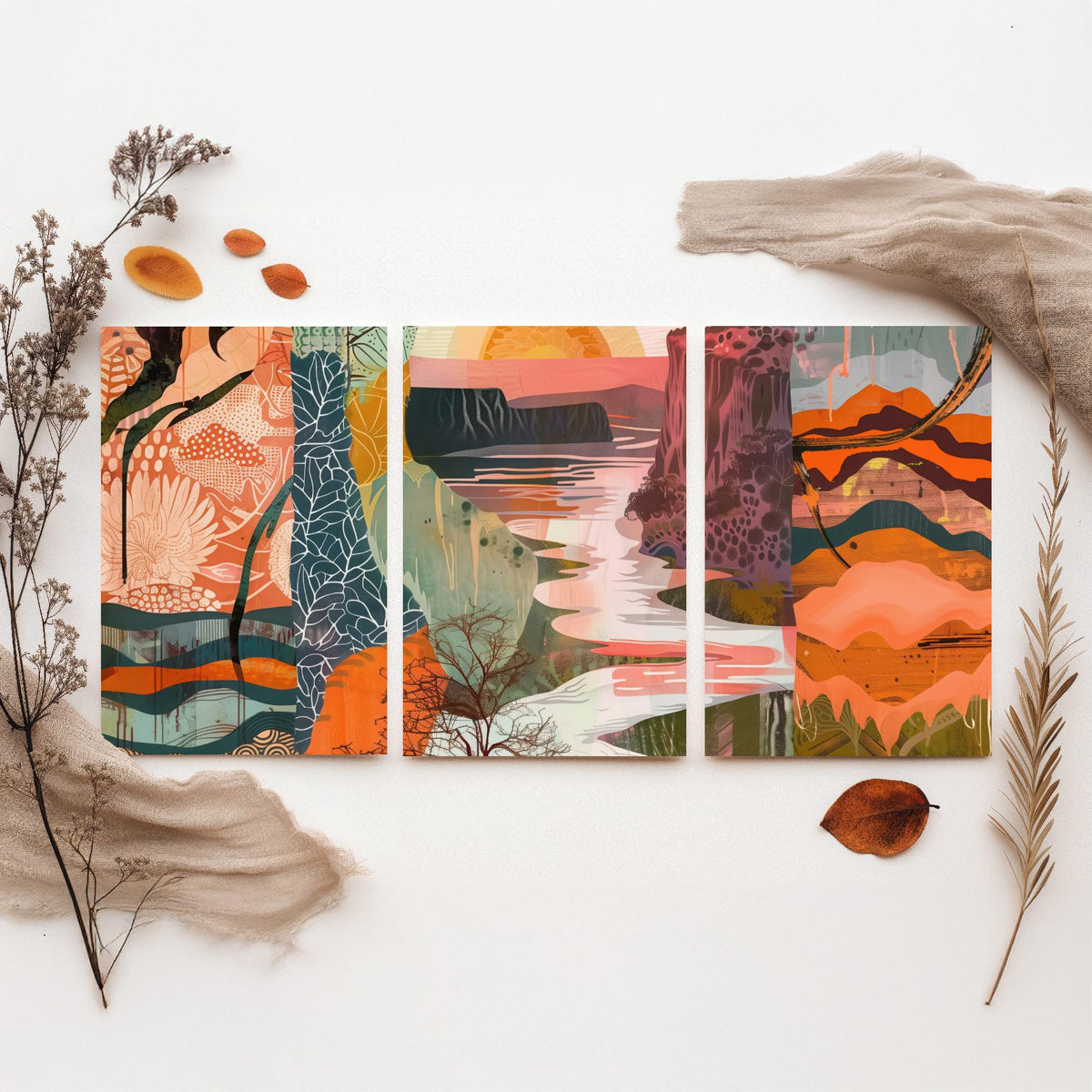 Conceptual Canyon Set of Three Art Prints V6 - Terracotta Patchwork Valley - Boho Abstract Landscape Collage Illustration Poster
