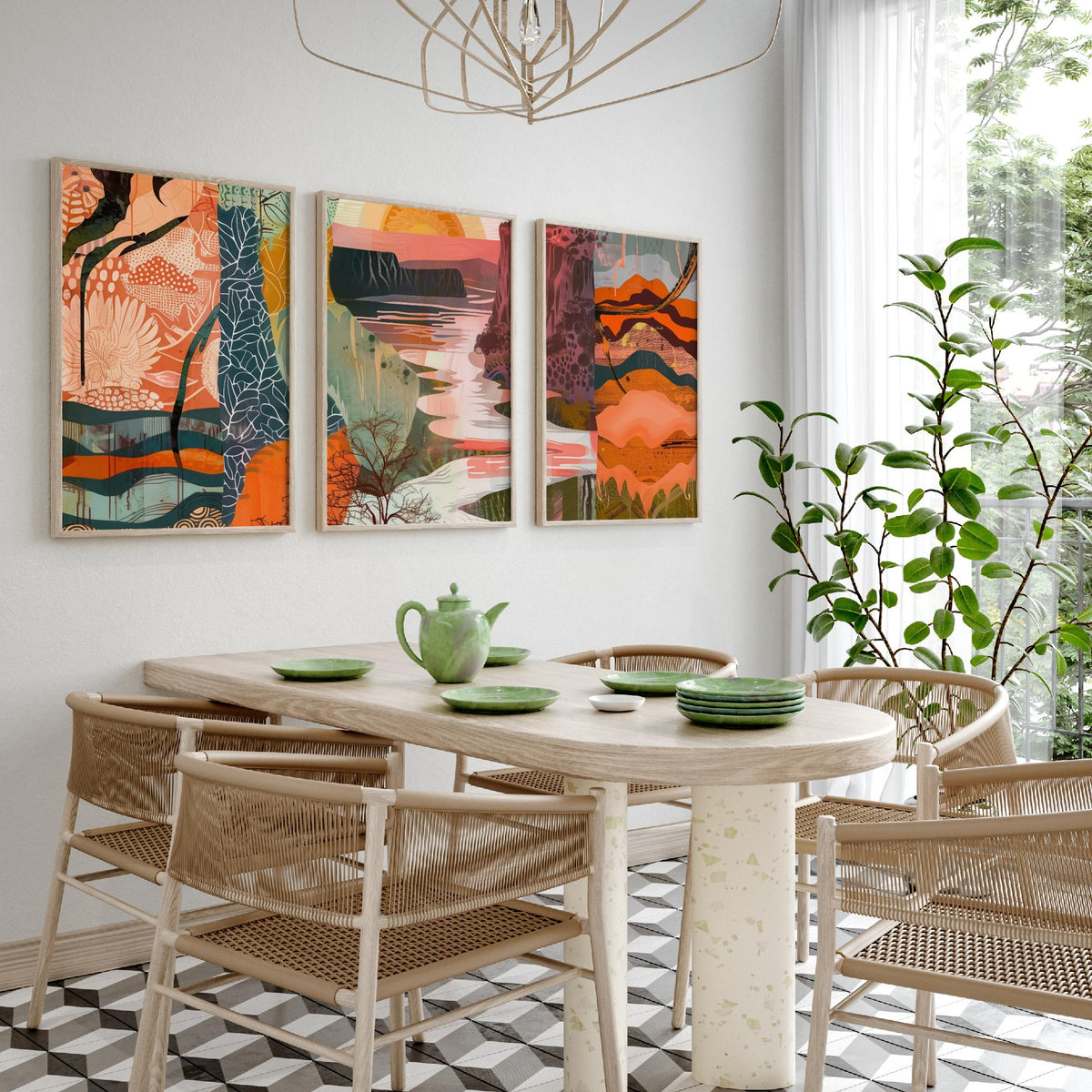Conceptual Canyon Set of Three Art Prints V6 - Terracotta Patchwork Valley - Boho Abstract Landscape Collage Illustration Poster