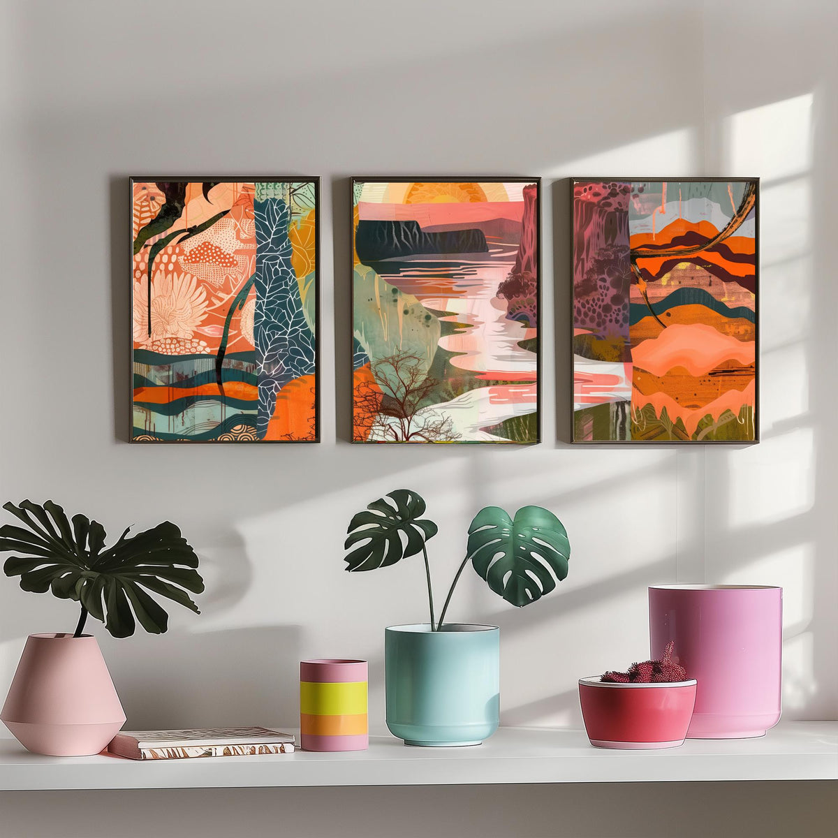 Conceptual Canyon Set of Three Art Prints V6 - Terracotta Patchwork Valley - Boho Abstract Landscape Collage Illustration Poster