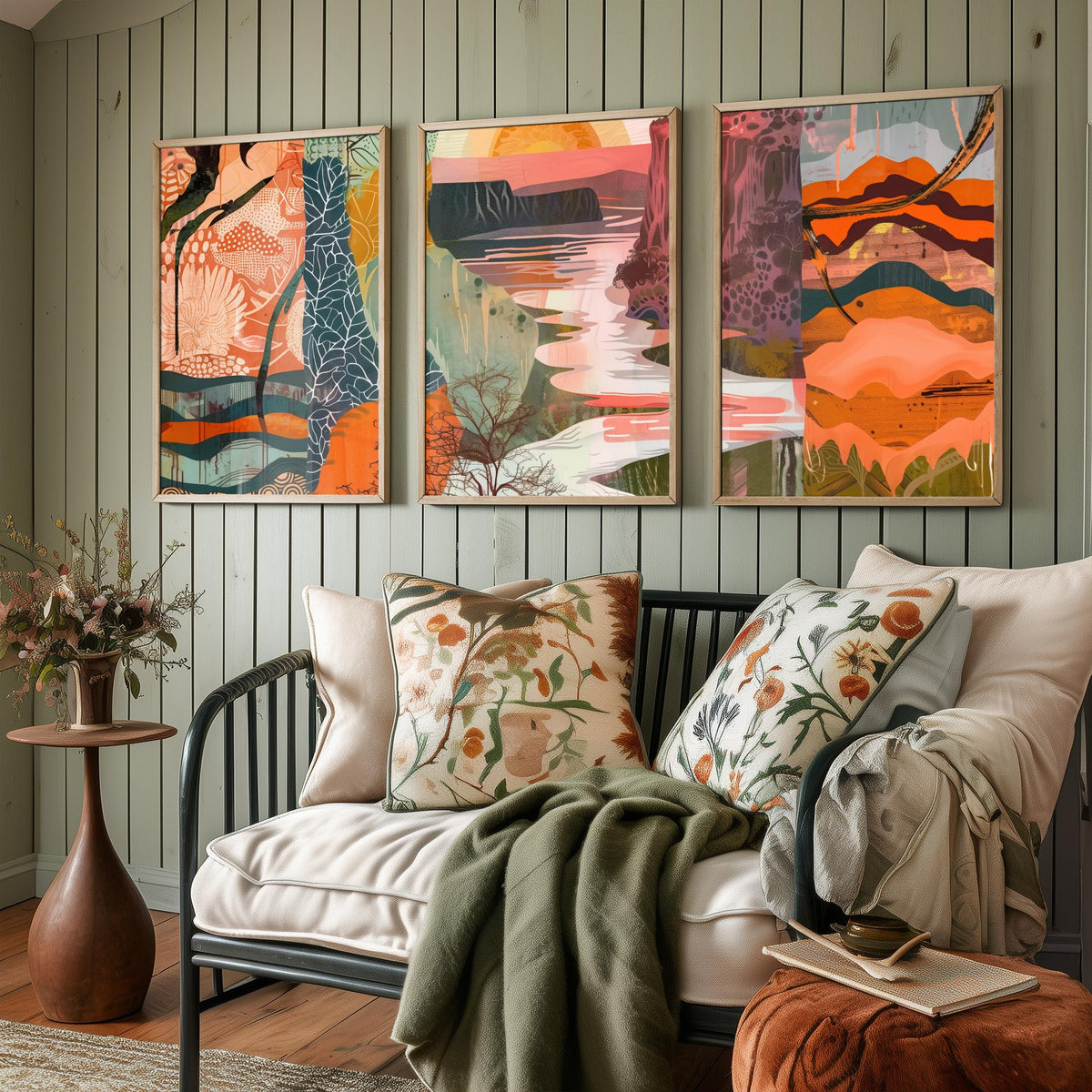 Conceptual Canyon Set of Three Art Prints V6 - Terracotta Patchwork Valley - Boho Abstract Landscape Collage Illustration Poster