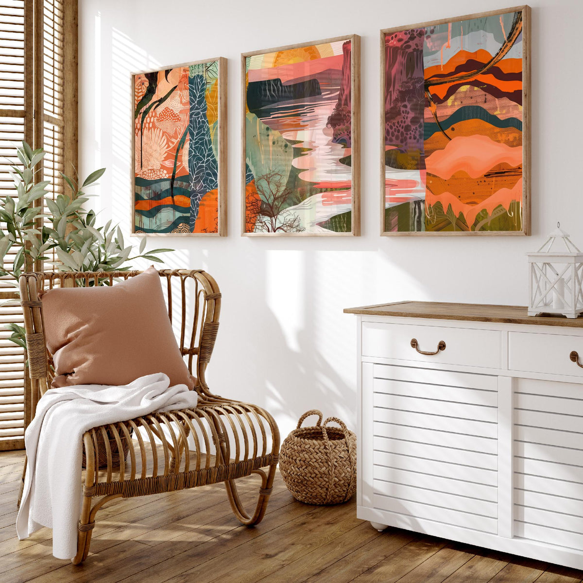 Conceptual Canyon Set of Three Art Prints V6 - Terracotta Patchwork Valley - Boho Abstract Landscape Collage Illustration Poster