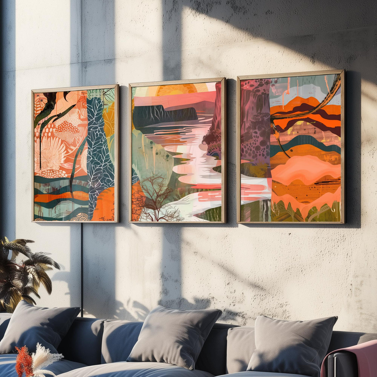 Conceptual Canyon Set of Three Art Prints V6 - Terracotta Patchwork Valley - Boho Abstract Landscape Collage Illustration Poster