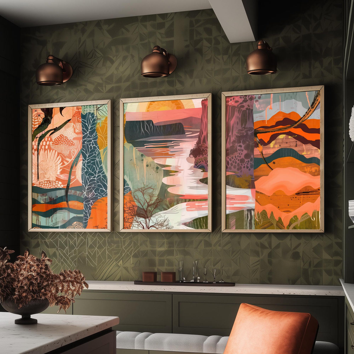 Conceptual Canyon Set of Three Art Prints V6 - Terracotta Patchwork Valley - Boho Abstract Landscape Collage Illustration Poster