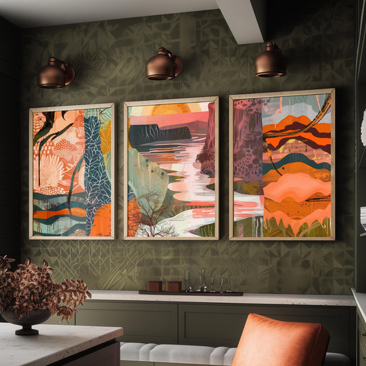 Conceptual Canyon Set of Three Art Prints V6 - Terracotta Patchwork Valley - Boho Abstract Landscape Collage Illustration Poster