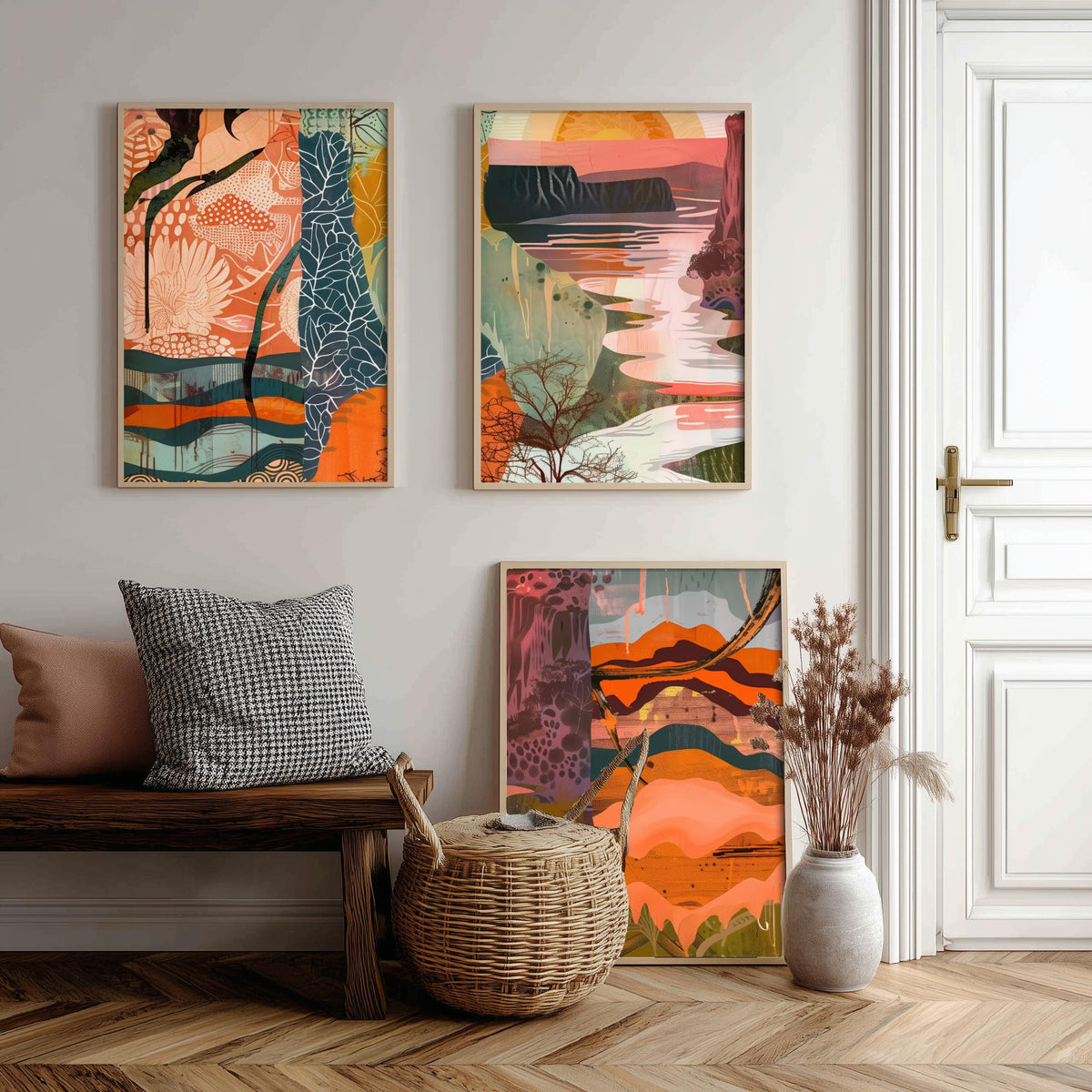 Conceptual Canyon Set of Three Art Prints V6 - Terracotta Patchwork Valley - Boho Abstract Landscape Collage Illustration Poster