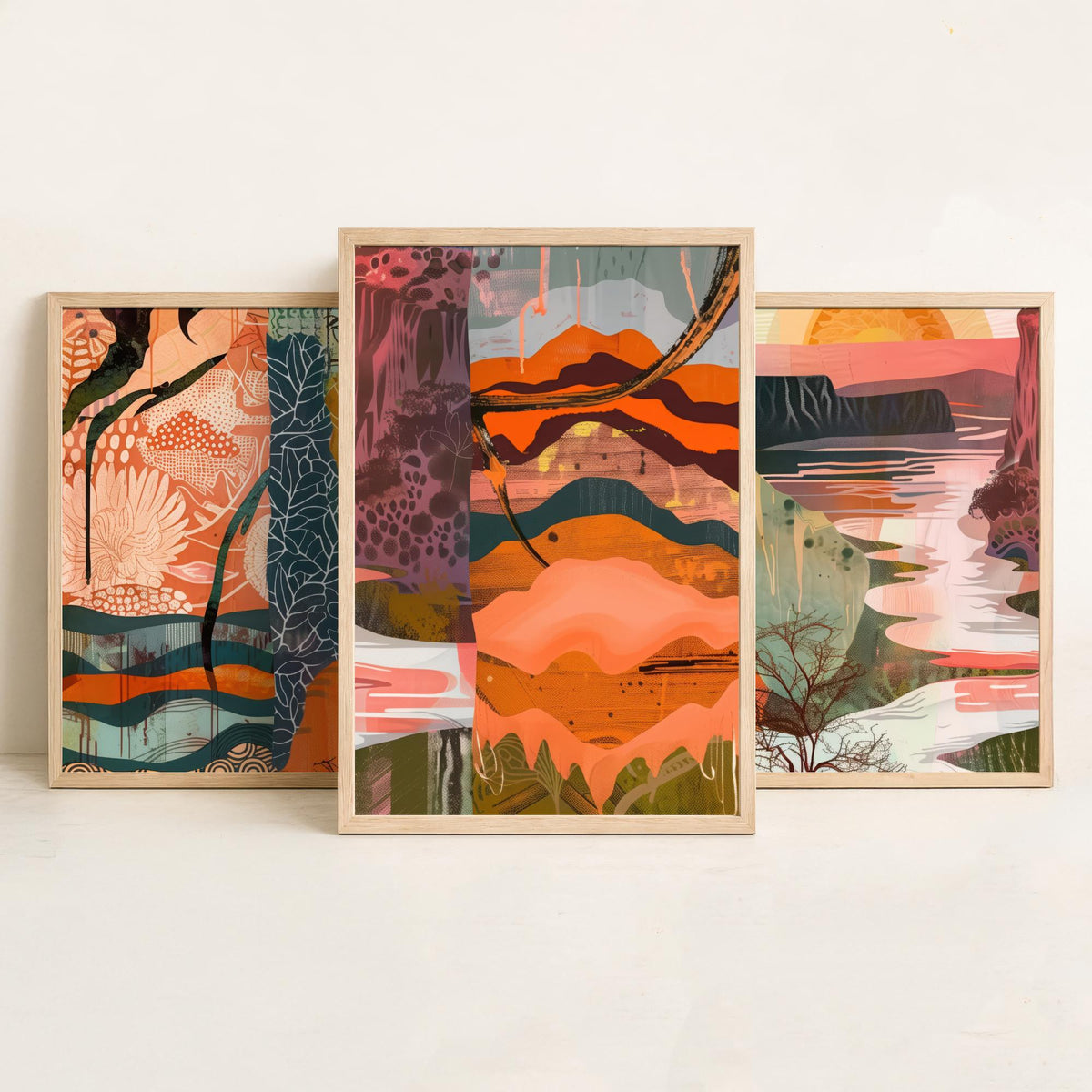 Conceptual Canyon Set of Three Art Prints V6 - Terracotta Patchwork Valley - Boho Abstract Landscape Collage Illustration Poster