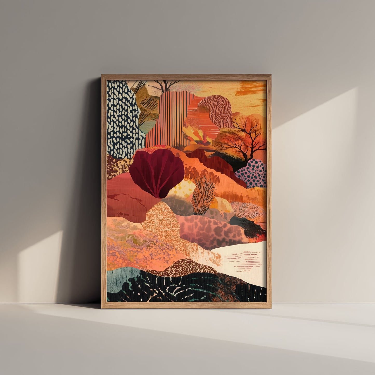 Abstract Canyon Art Print - Bold Orange Boho Landscape Poster - Patterned Collage Painting - Burgundy Hills V7 1/3