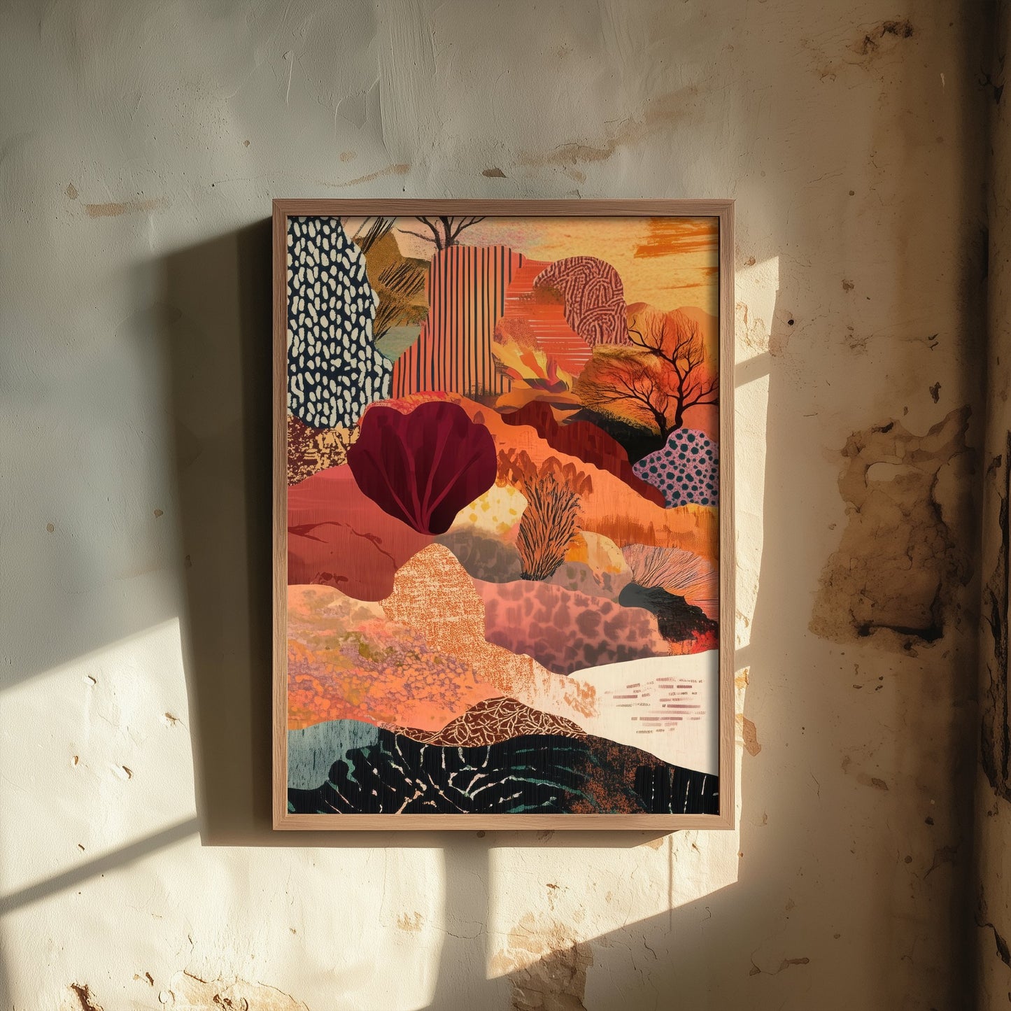 Abstract Canyon Art Print - Bold Orange Boho Landscape Poster - Patterned Collage Painting - Burgundy Hills V7 1/3