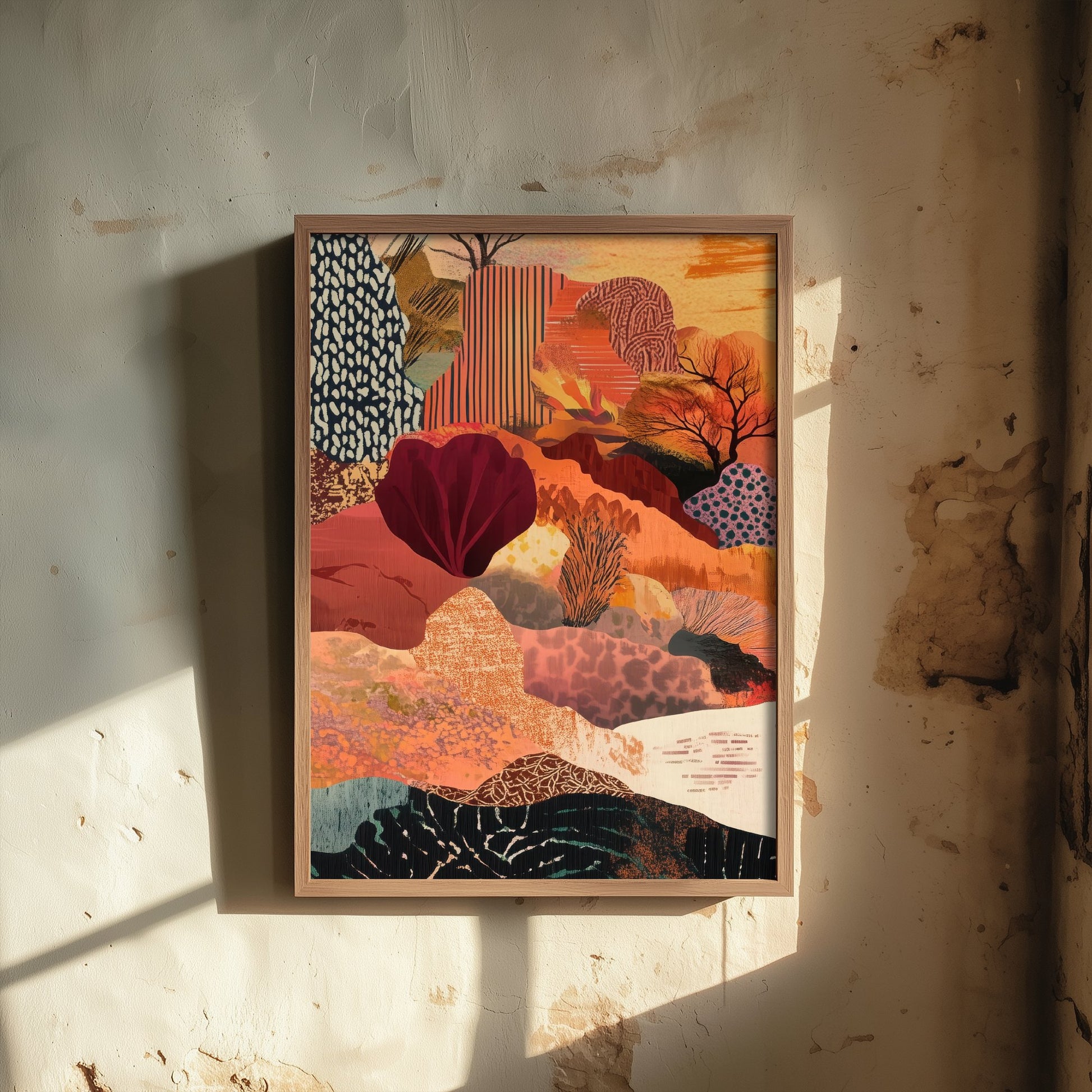Abstract Canyon Art Print - Bold Orange Boho Landscape Poster - Patterned Collage Painting - Burgundy Hills V7 1/3