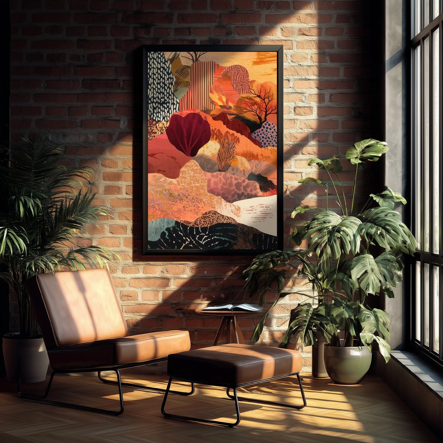 Abstract Canyon Art Print - Bold Orange Boho Landscape Poster - Patterned Collage Painting - Burgundy Hills V7 1/3