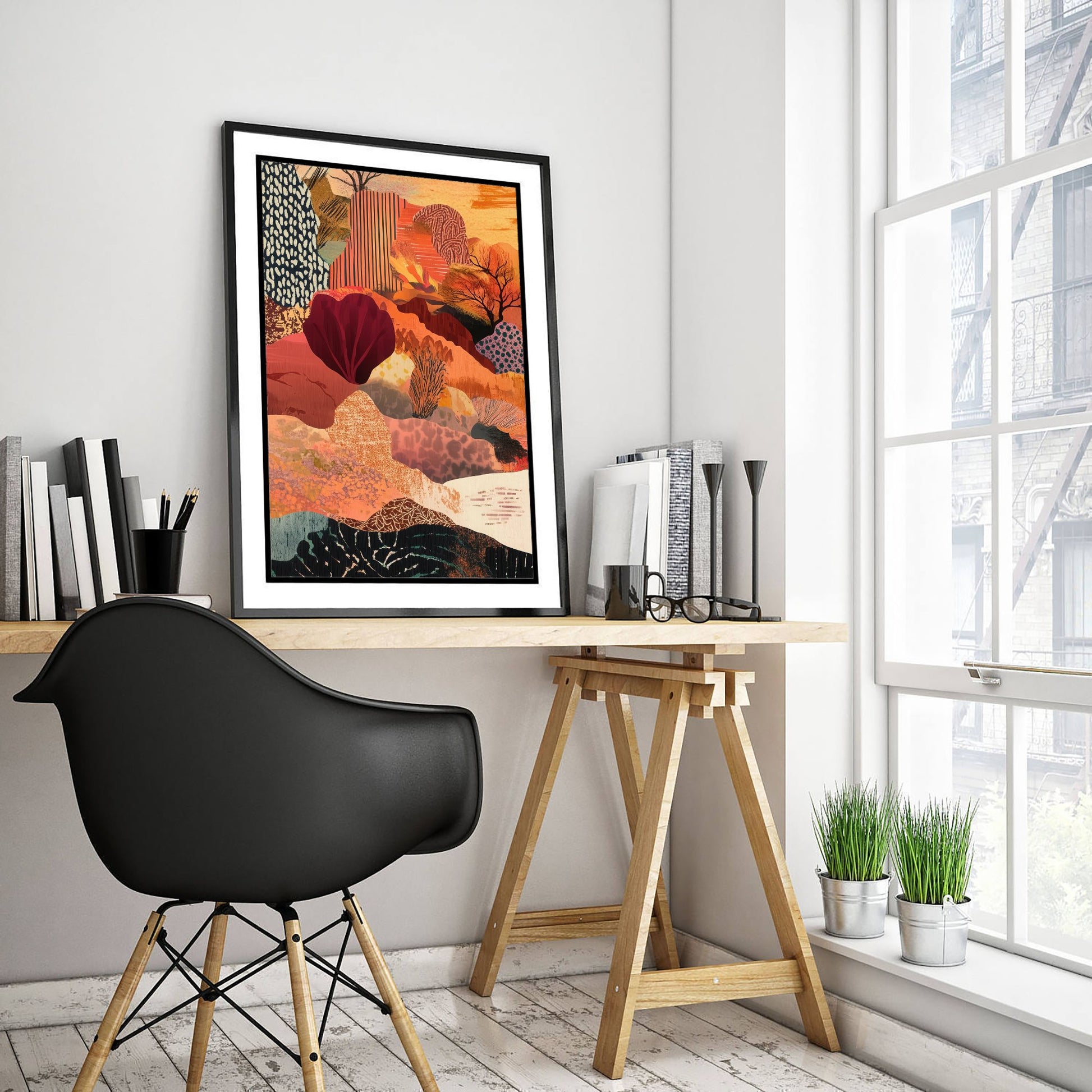 Abstract Canyon Art Print - Bold Orange Boho Landscape Poster - Patterned Collage Painting - Burgundy Hills V7 1/3
