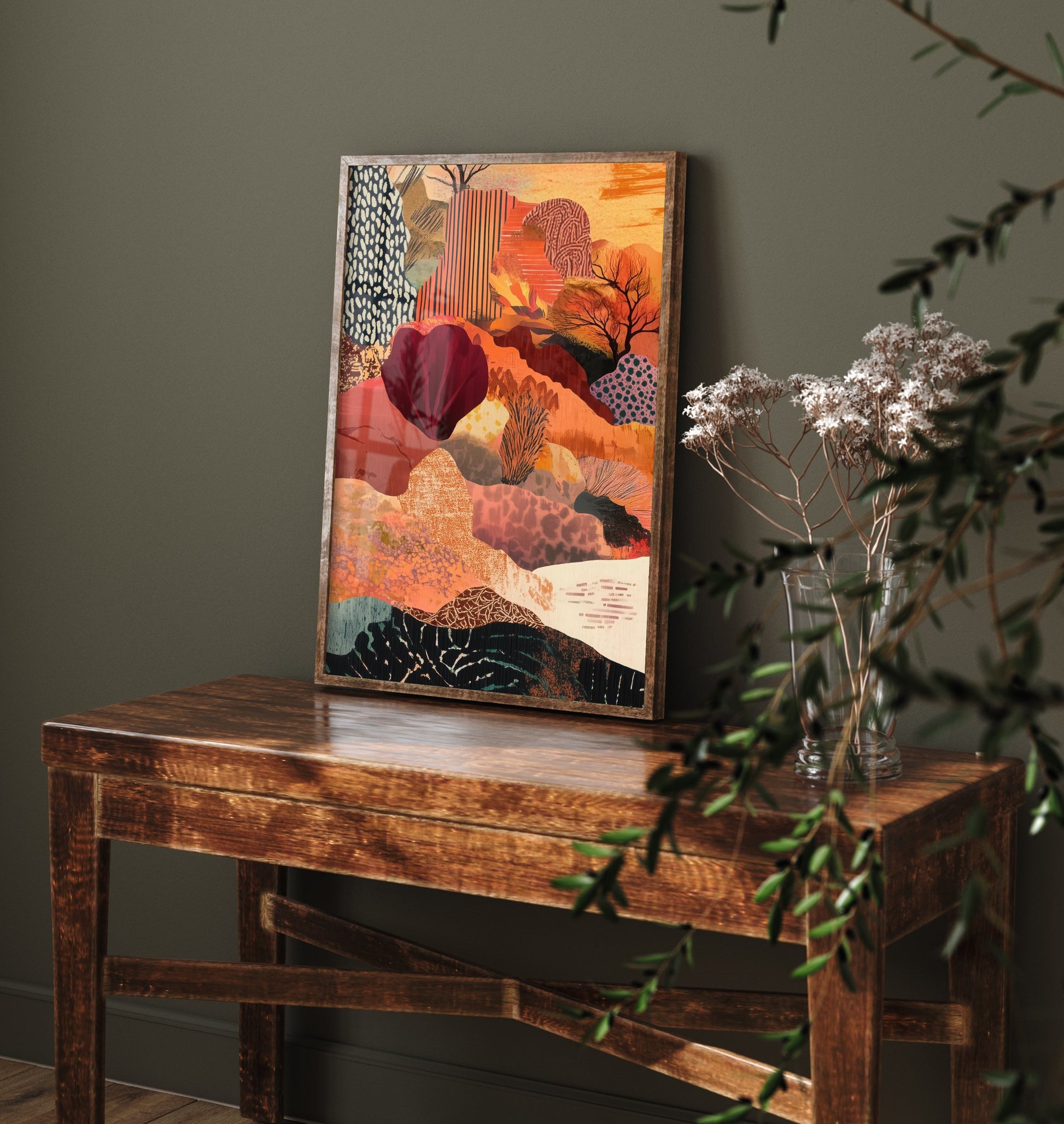 Abstract Canyon Art Print - Bold Orange Boho Landscape Poster - Patterned Collage Painting - Burgundy Hills V7 1/3