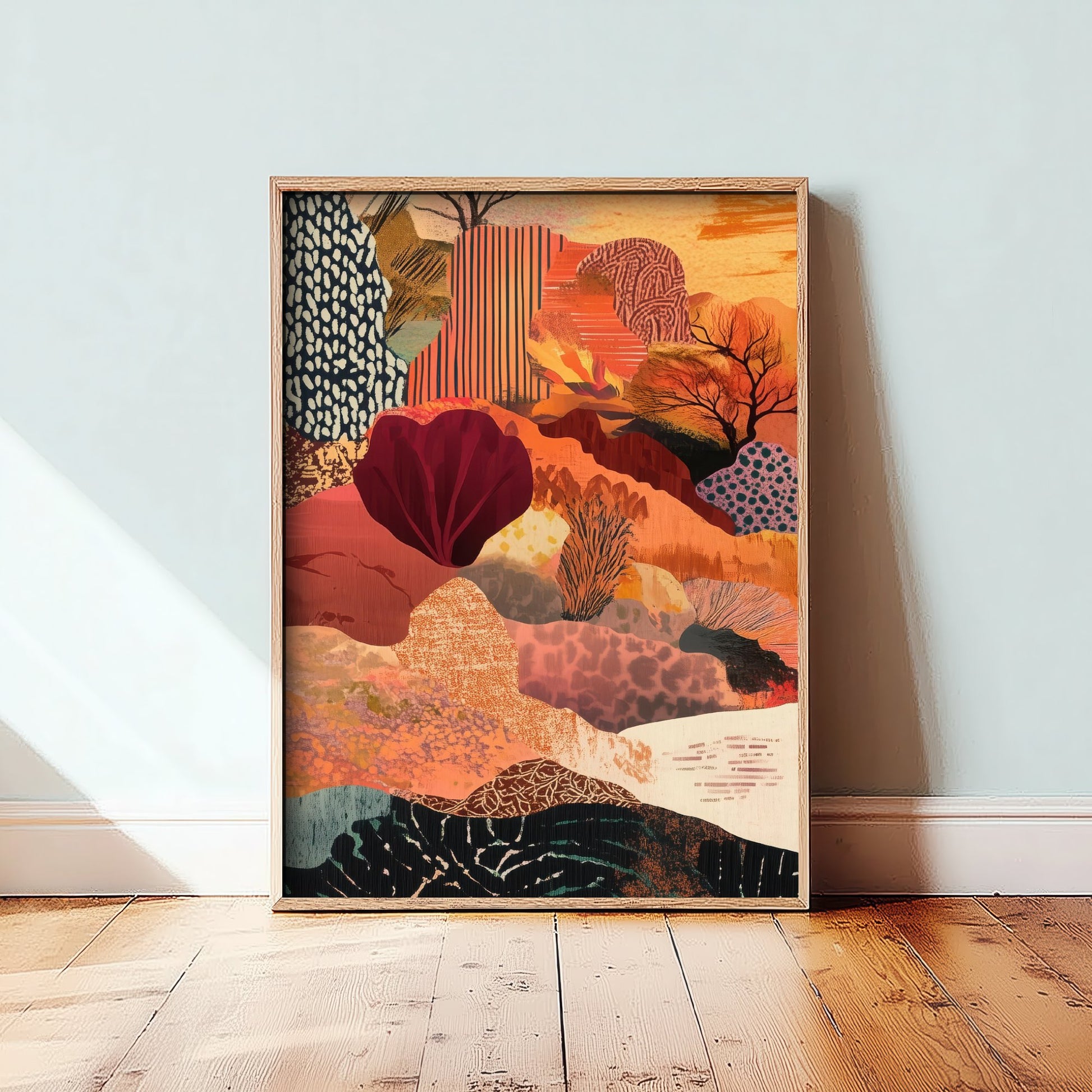 Abstract Canyon Art Print - Bold Orange Boho Landscape Poster - Patterned Collage Painting - Burgundy Hills V7 1/3