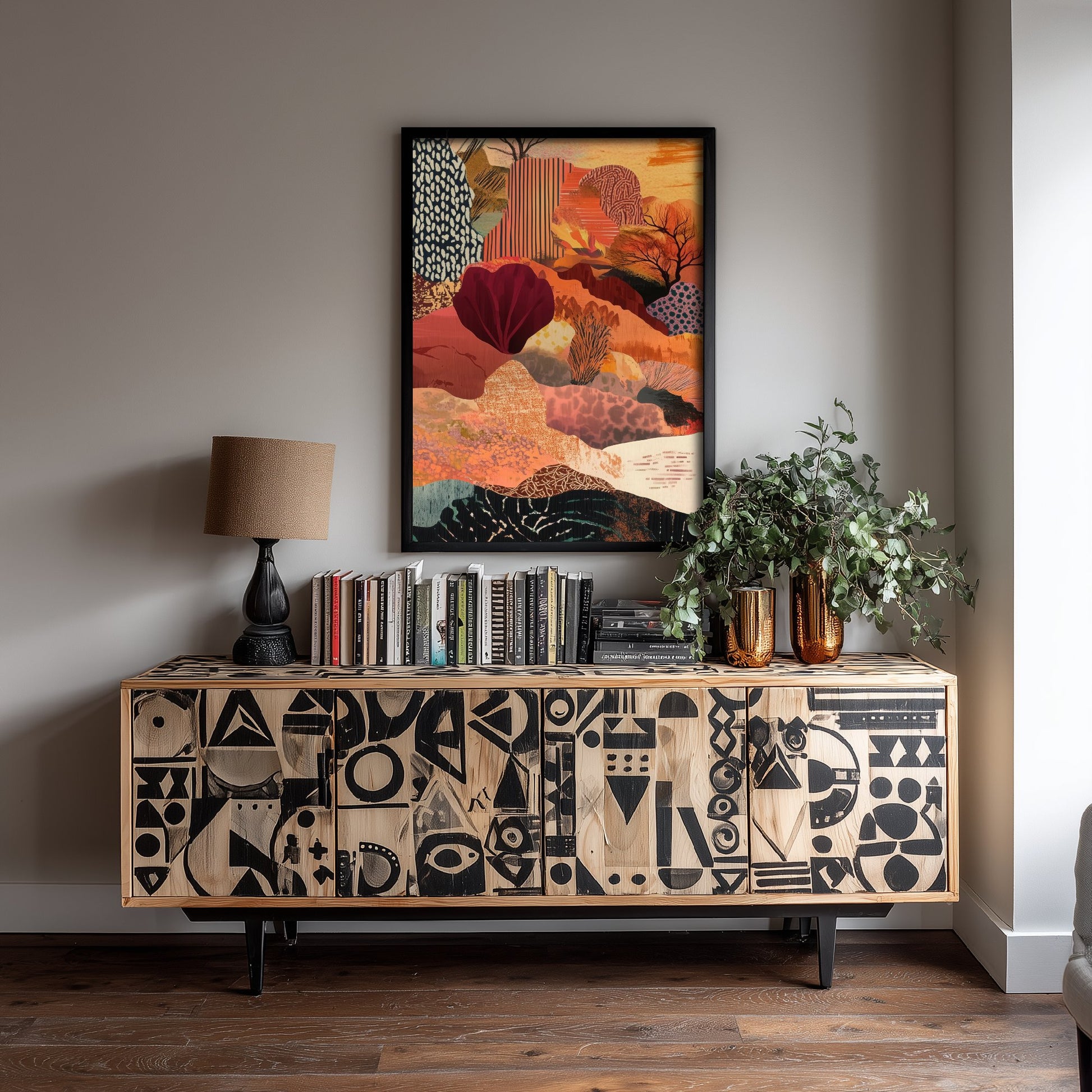 Abstract Canyon Art Print - Bold Orange Boho Landscape Poster - Patterned Collage Painting - Burgundy Hills V7 1/3