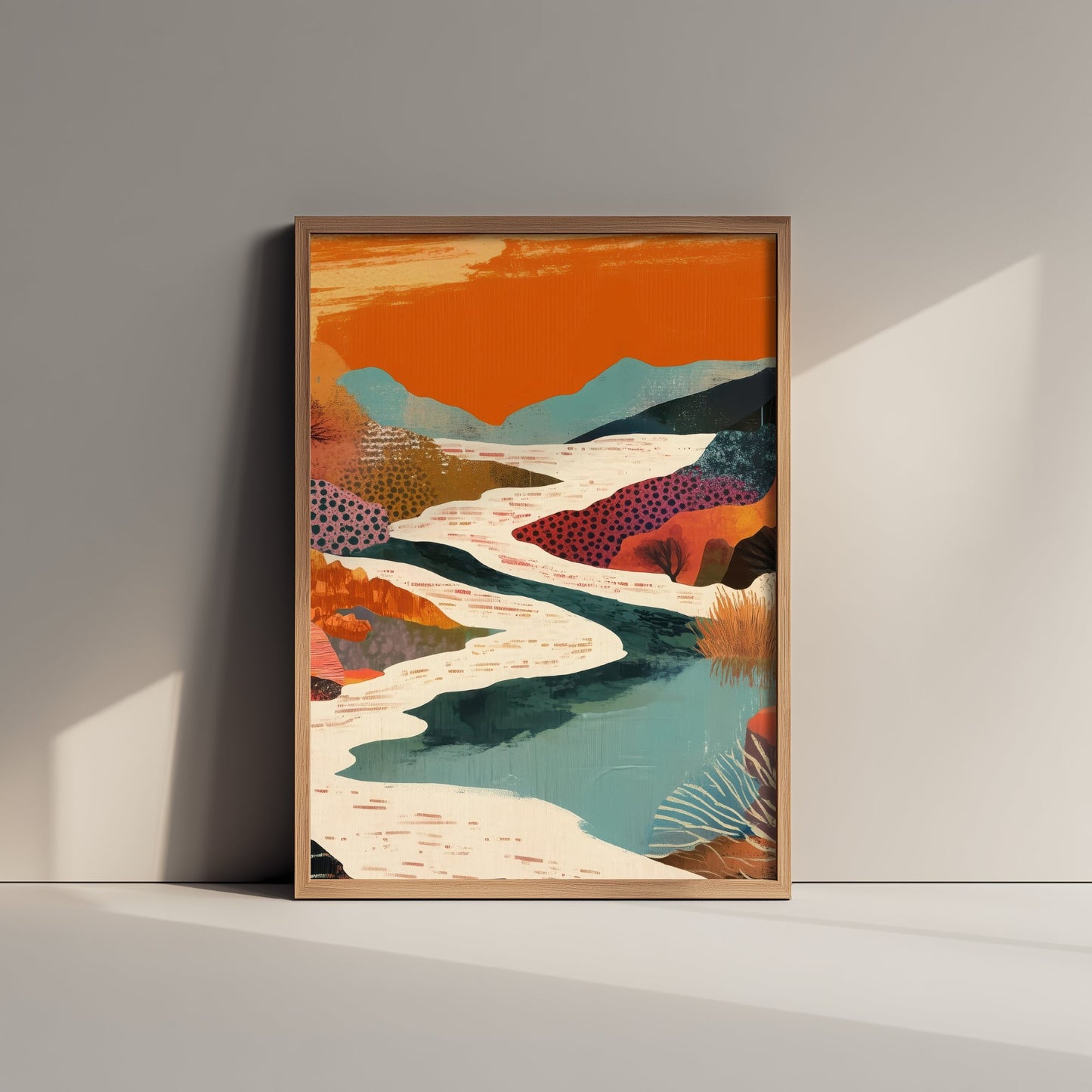 Abstract Canyon Art Print - Bold Orange Boho Landscape Poster - Patterned Collage Painting - River Valley V7 2/3