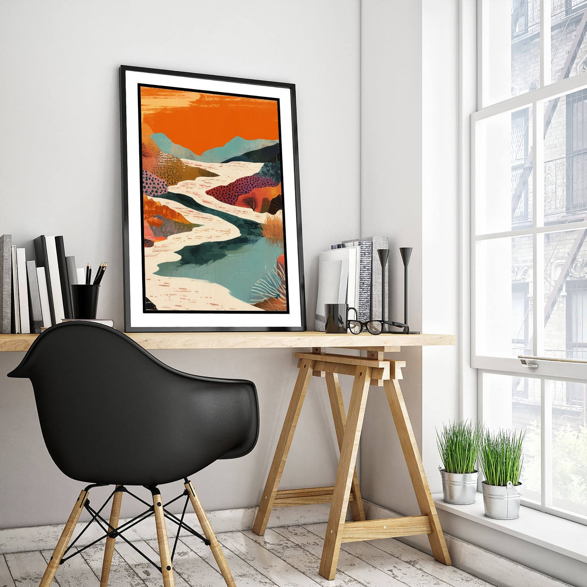 Abstract Canyon Art Print - Bold Orange Boho Landscape Poster - Patterned Collage Painting - River Valley V7 2/3