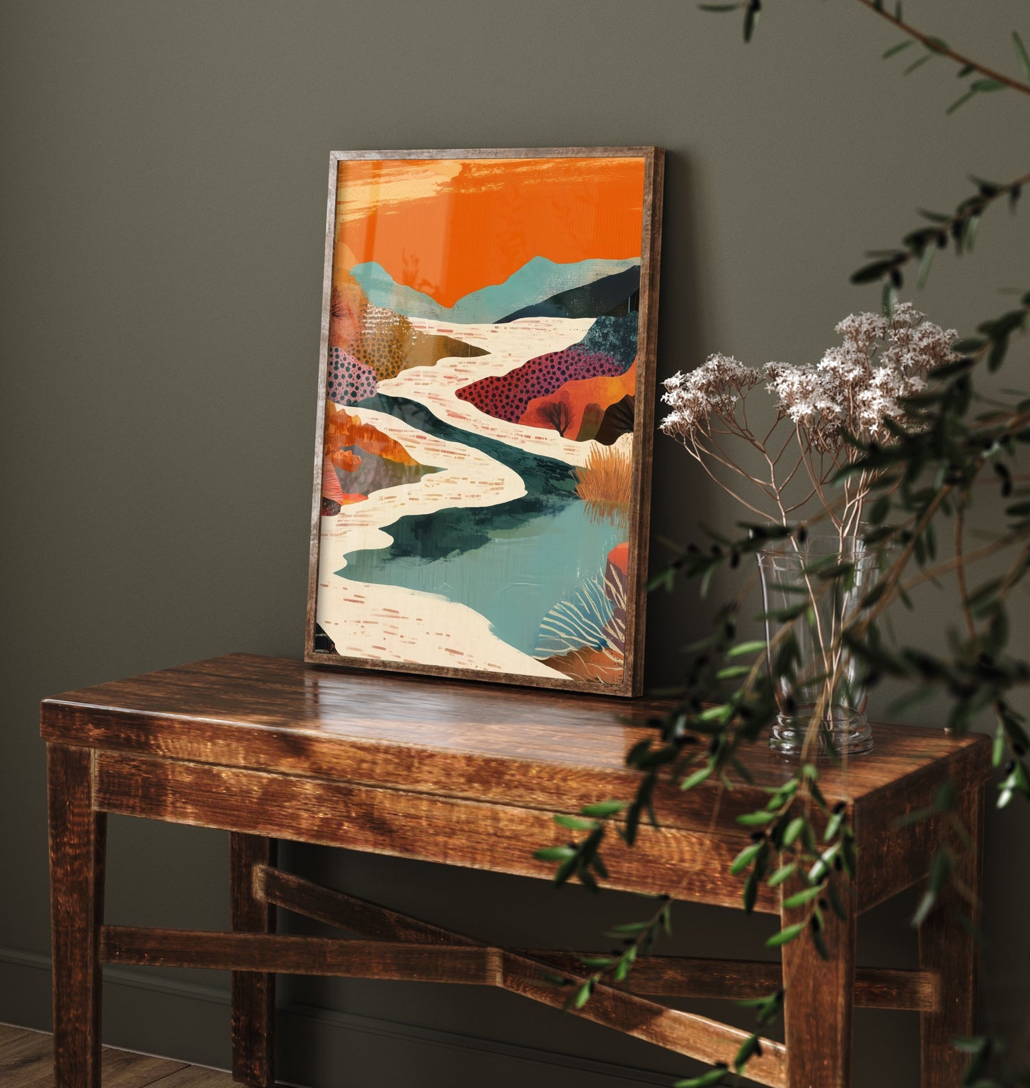 Abstract Canyon Art Print - Bold Orange Boho Landscape Poster - Patterned Collage Painting - River Valley V7 2/3