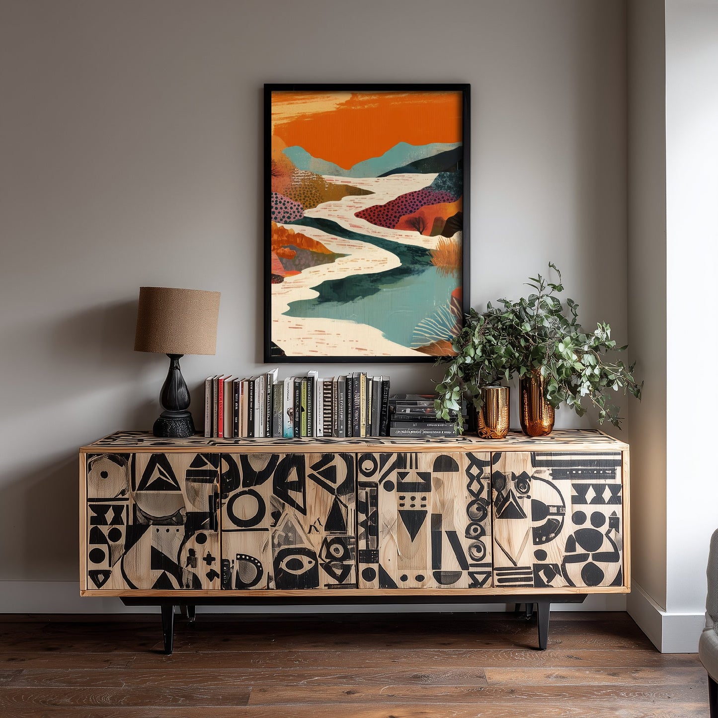 Abstract Canyon Art Print - Bold Orange Boho Landscape Poster - Patterned Collage Painting - River Valley V7 2/3