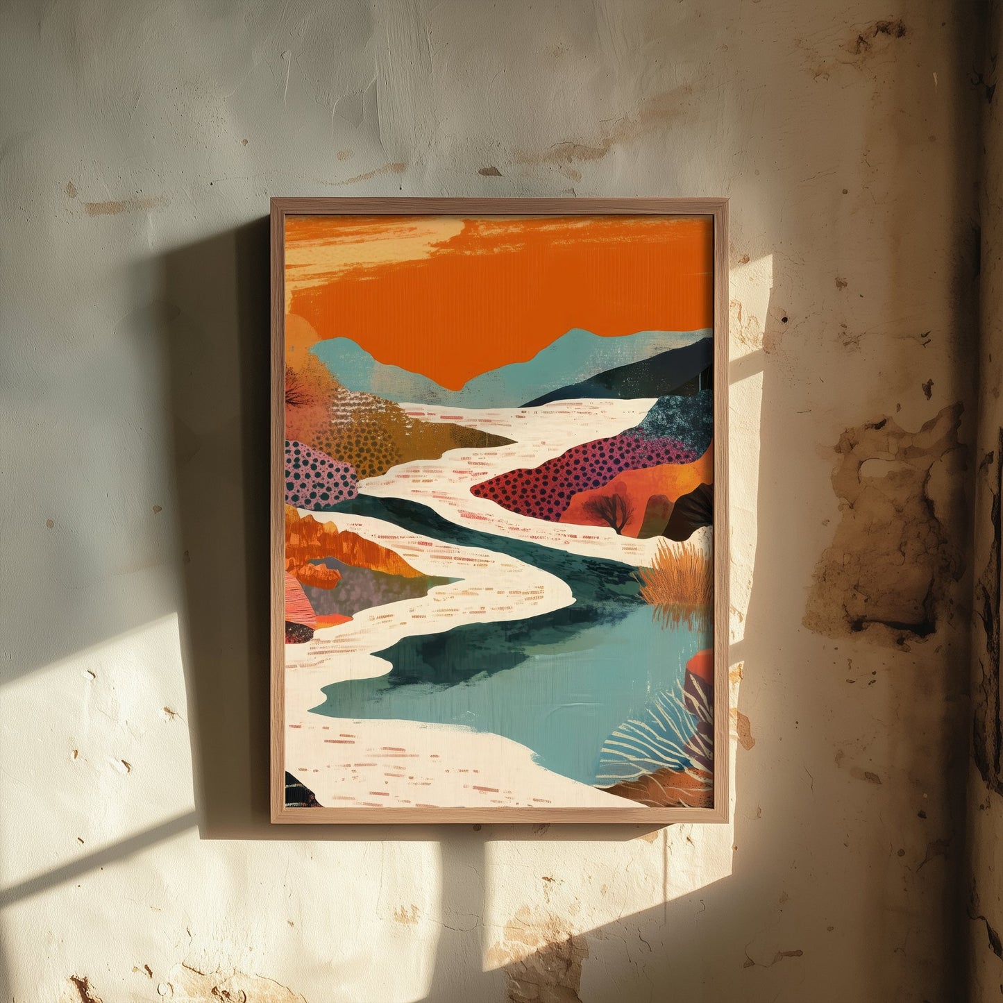 Abstract Canyon Art Print - Bold Orange Boho Landscape Poster - Patterned Collage Painting - River Valley V7 2/3