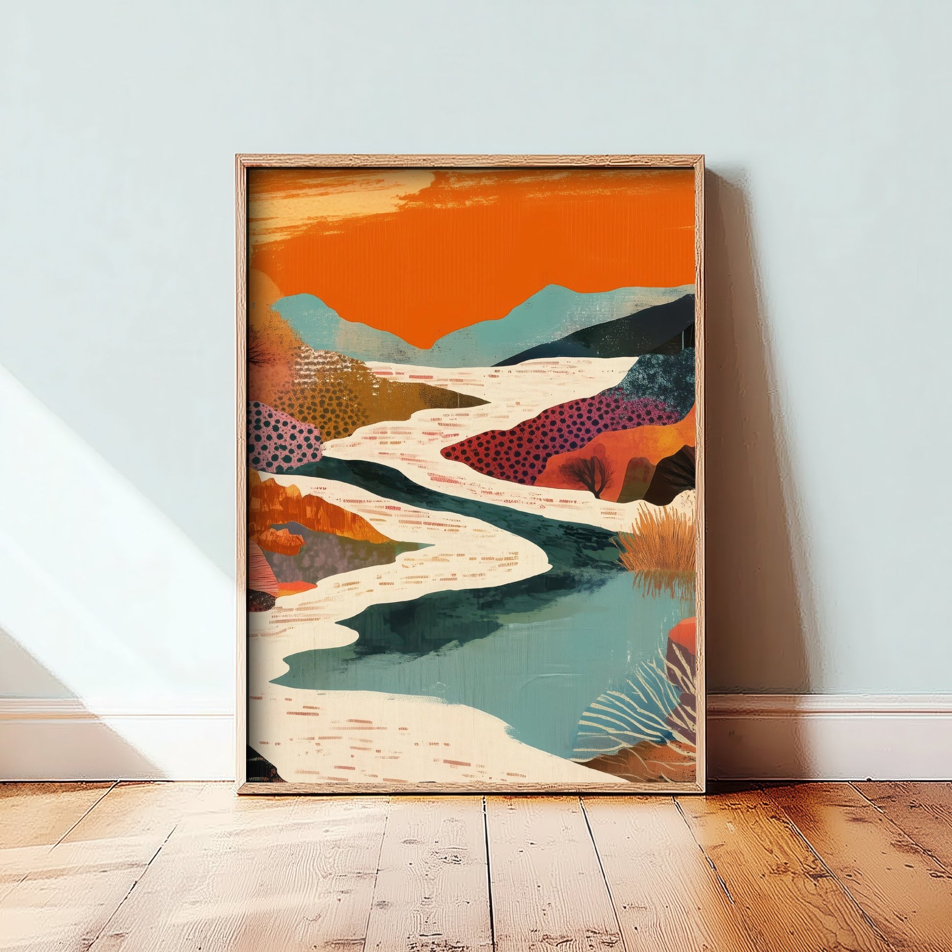 Abstract Canyon Art Print - Bold Orange Boho Landscape Poster - Patterned Collage Painting - River Valley V7 2/3