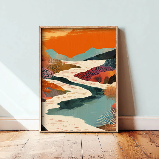 Abstract Canyon Art Print - Bold Orange Boho Landscape Poster - Patterned Collage Painting - River Valley V7 2/3