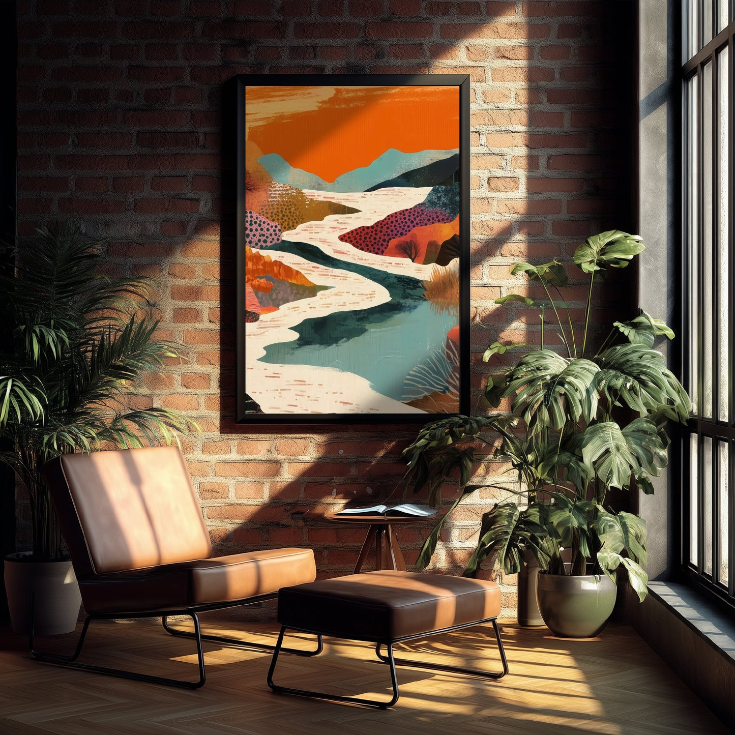 Abstract Canyon Art Print - Bold Orange Boho Landscape Poster - Patterned Collage Painting - River Valley V7 2/3