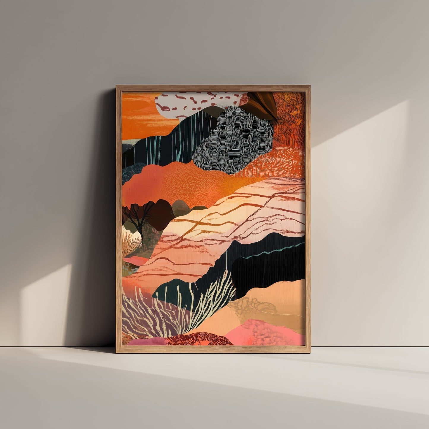 Abstract Canyon Art Print - Bold Orange Boho Landscape Poster - Patterned Collage Painting - Canyon Cliffs V7 3/3