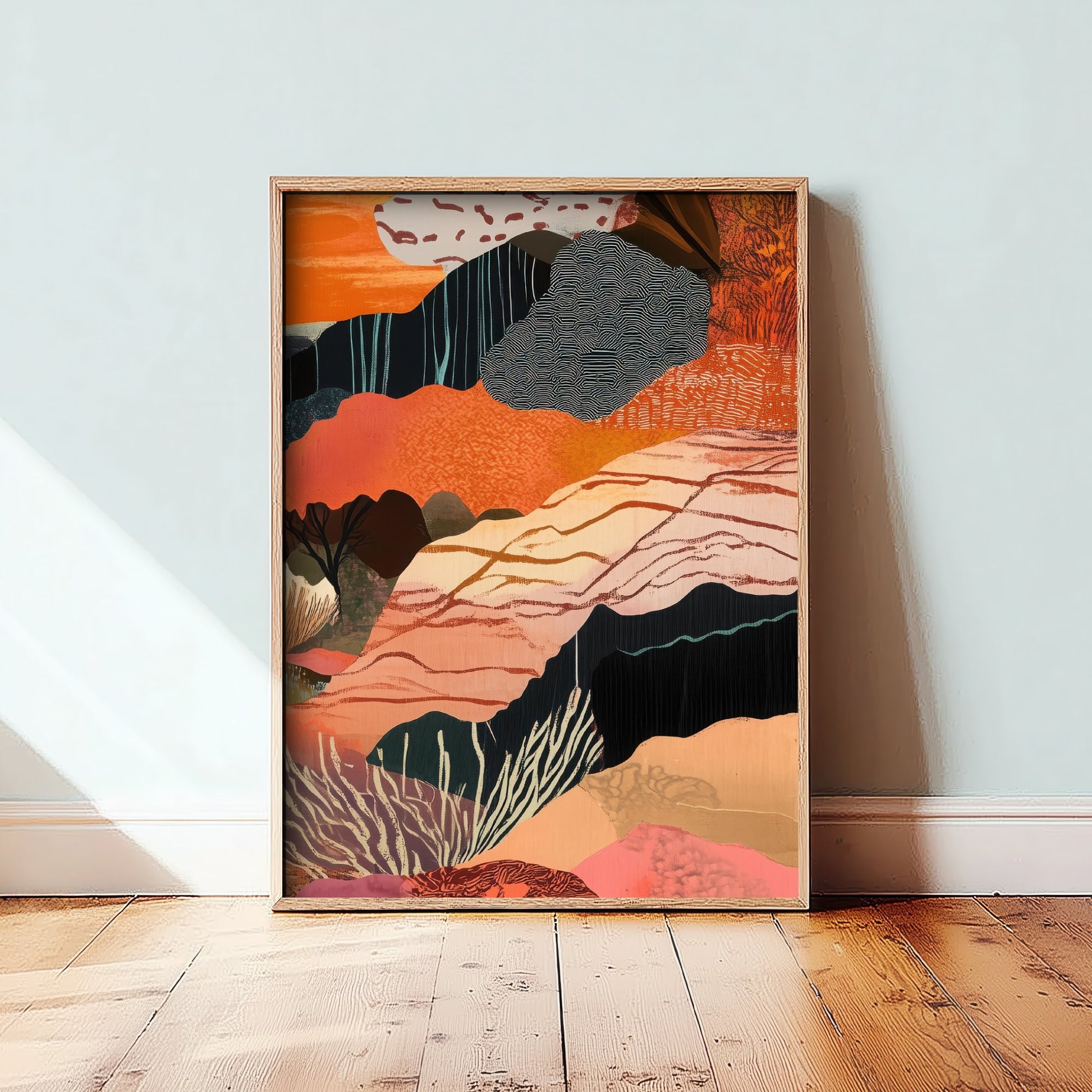 Abstract Canyon Art Print - Bold Orange Boho Landscape Poster - Patterned Collage Painting - Canyon Cliffs V7 3/3