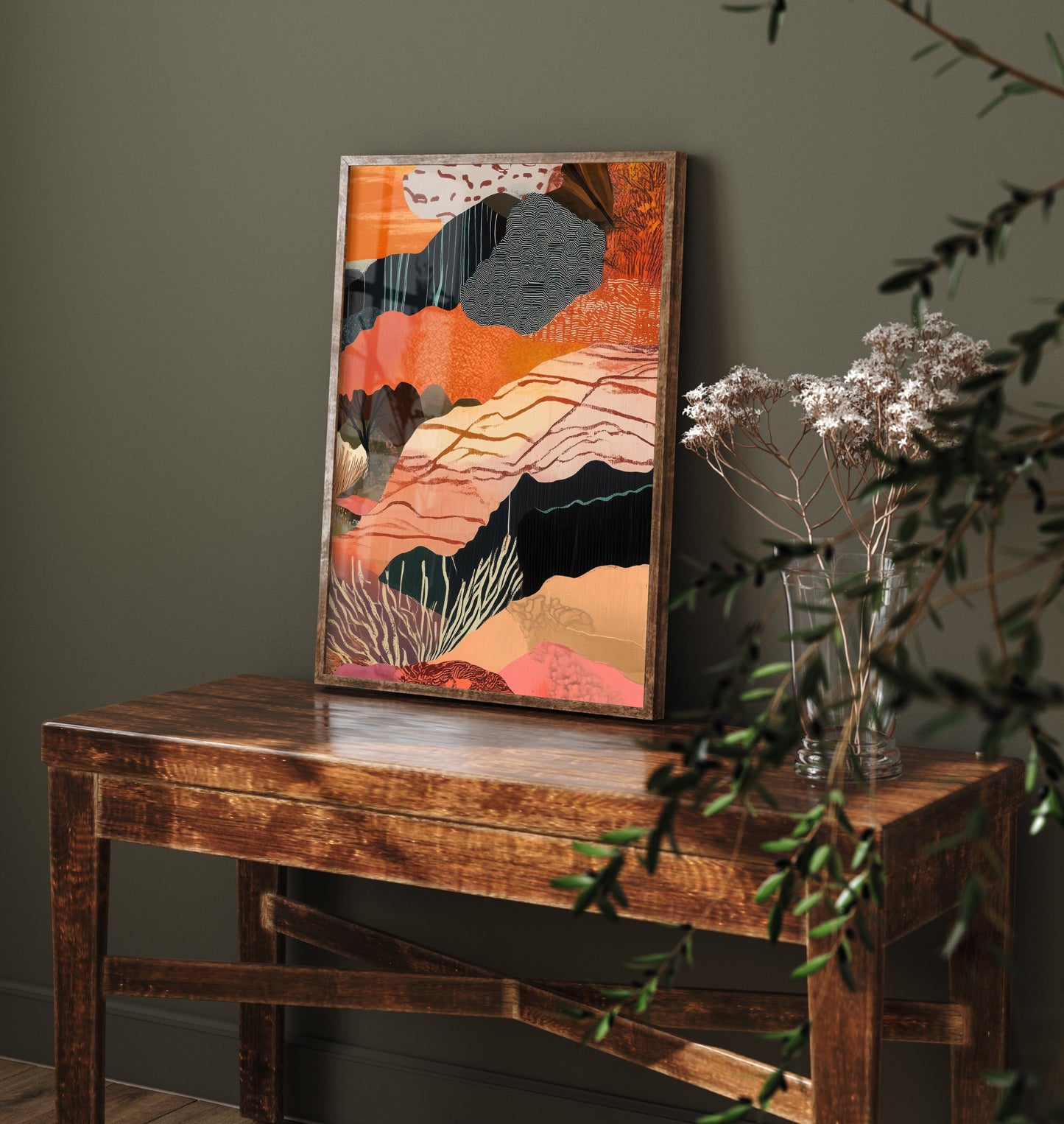 Abstract Canyon Art Print - Bold Orange Boho Landscape Poster - Patterned Collage Painting - Canyon Cliffs V7 3/3