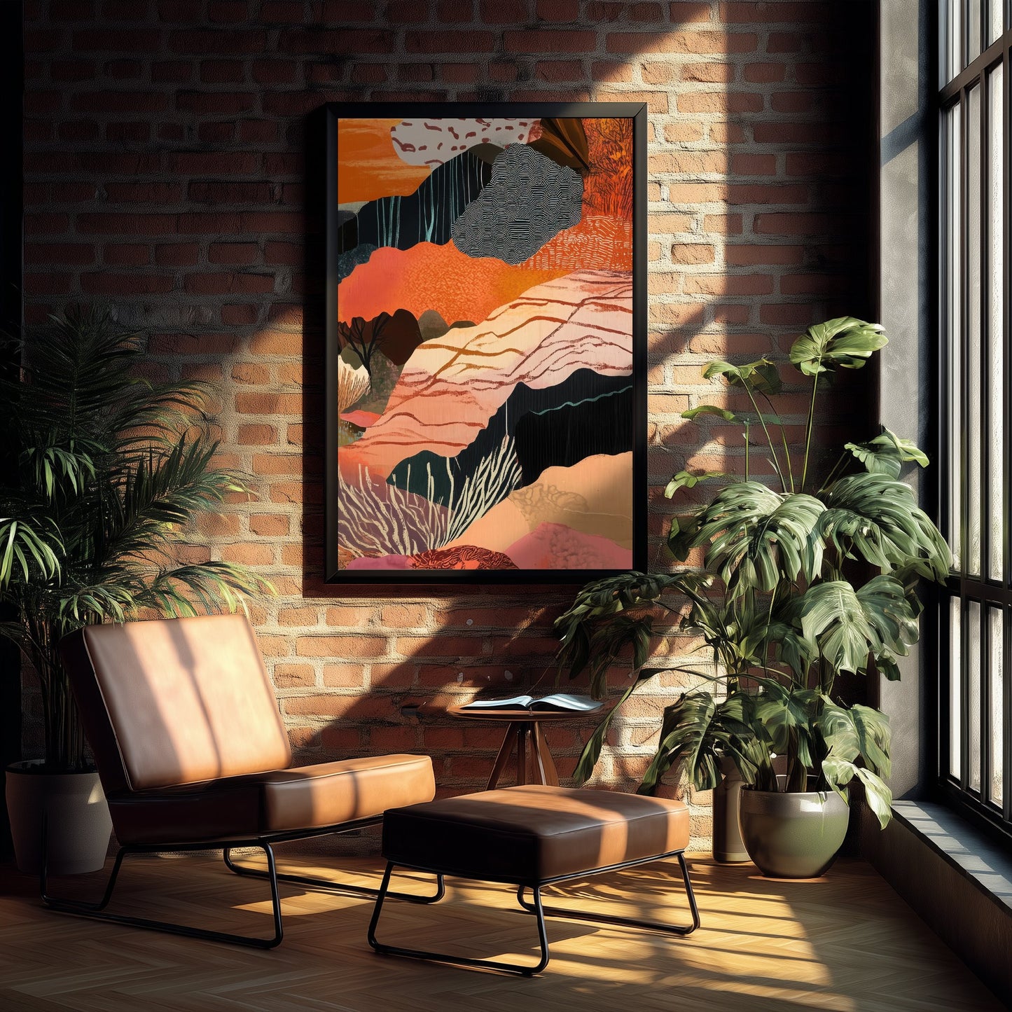 Abstract Canyon Art Print - Bold Orange Boho Landscape Poster - Patterned Collage Painting - Canyon Cliffs V7 3/3