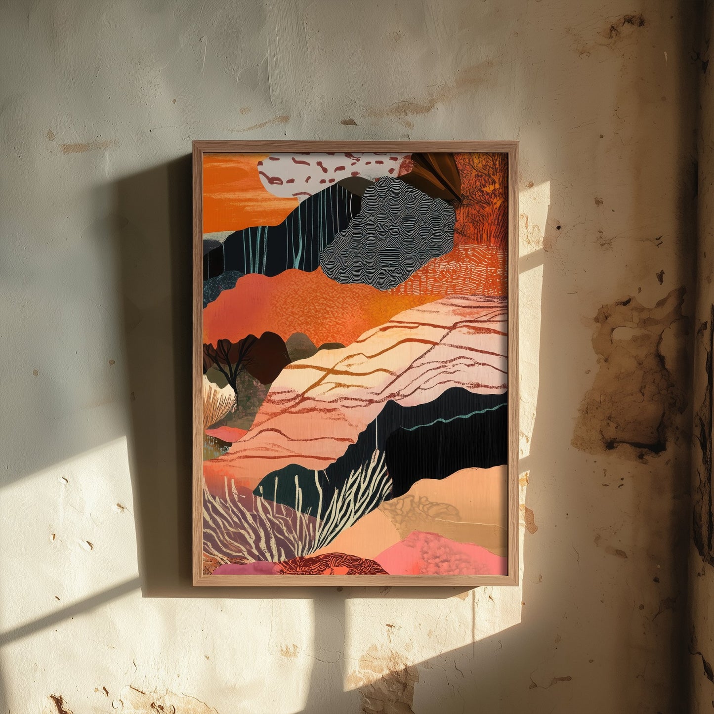 Abstract Canyon Art Print - Bold Orange Boho Landscape Poster - Patterned Collage Painting - Canyon Cliffs V7 3/3