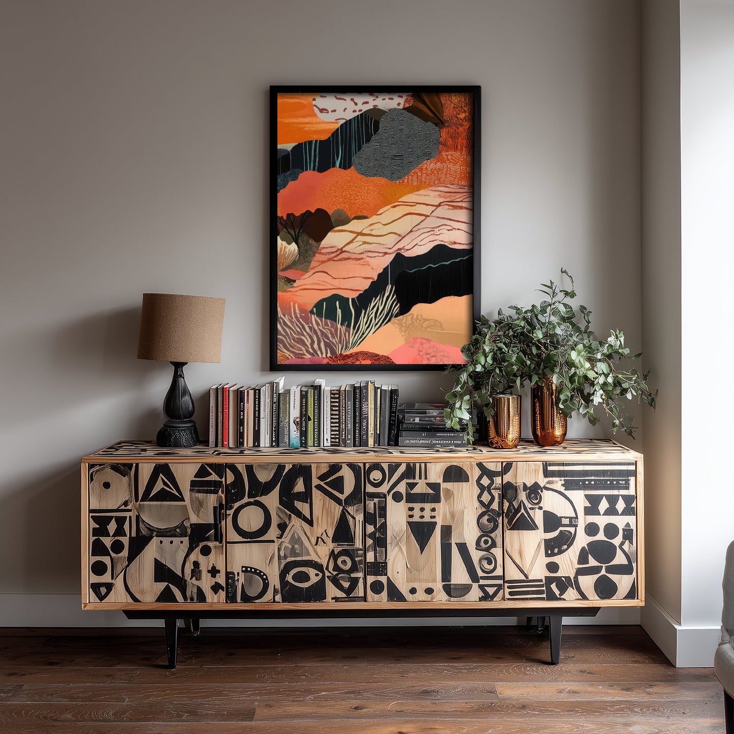 Abstract Canyon Art Print - Bold Orange Boho Landscape Poster - Patterned Collage Painting - Canyon Cliffs V7 3/3