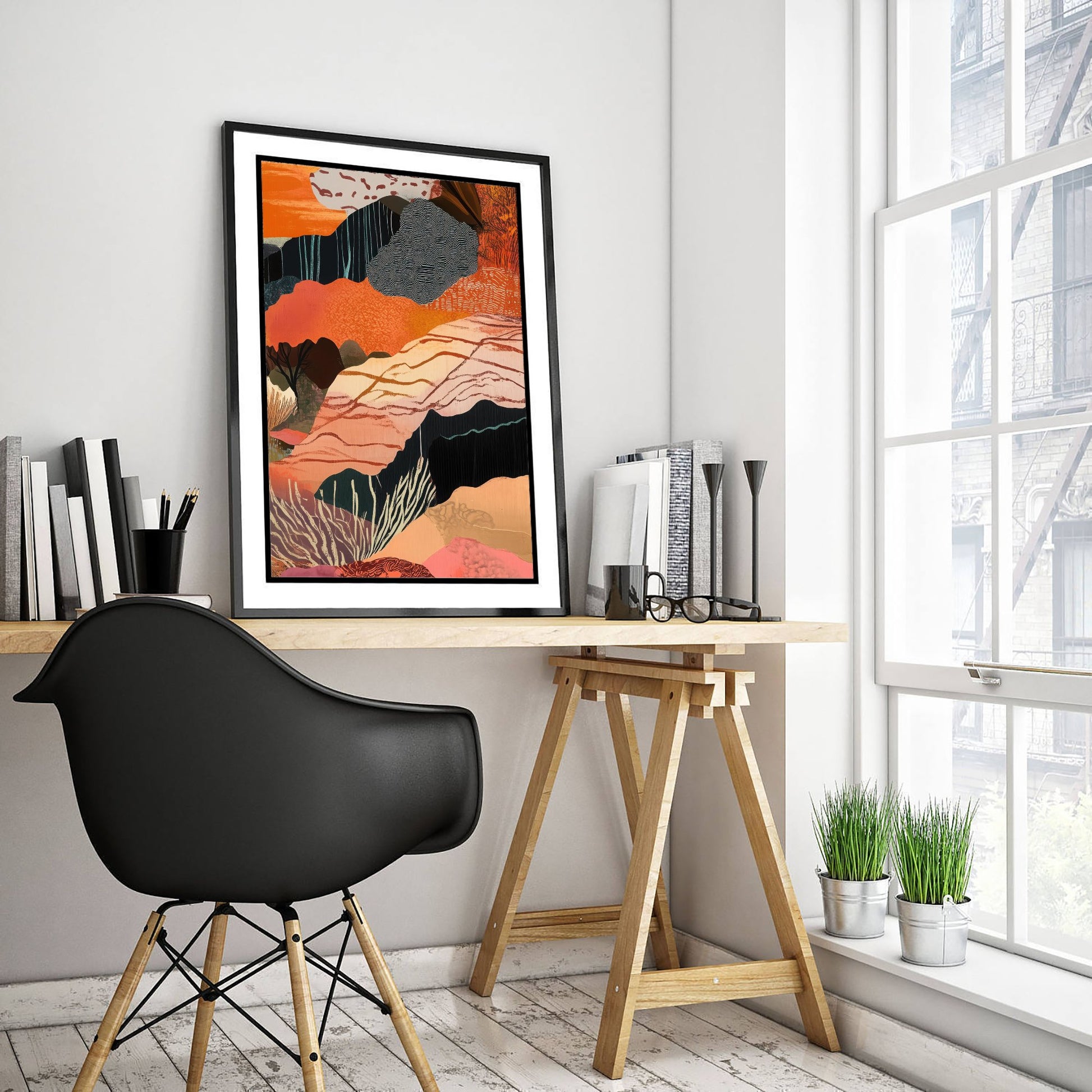 Abstract Canyon Art Print - Bold Orange Boho Landscape Poster - Patterned Collage Painting - Canyon Cliffs V7 3/3