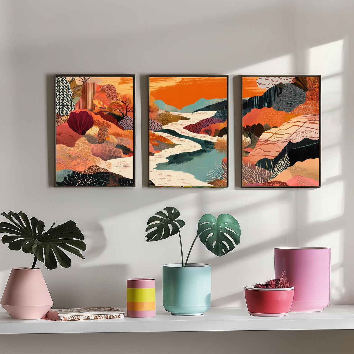 Conceptual Canyon Set of Three Prints V7 - Warm Collage River Valley - Boho Abstract Landscape Illustration Poster Wall Art
