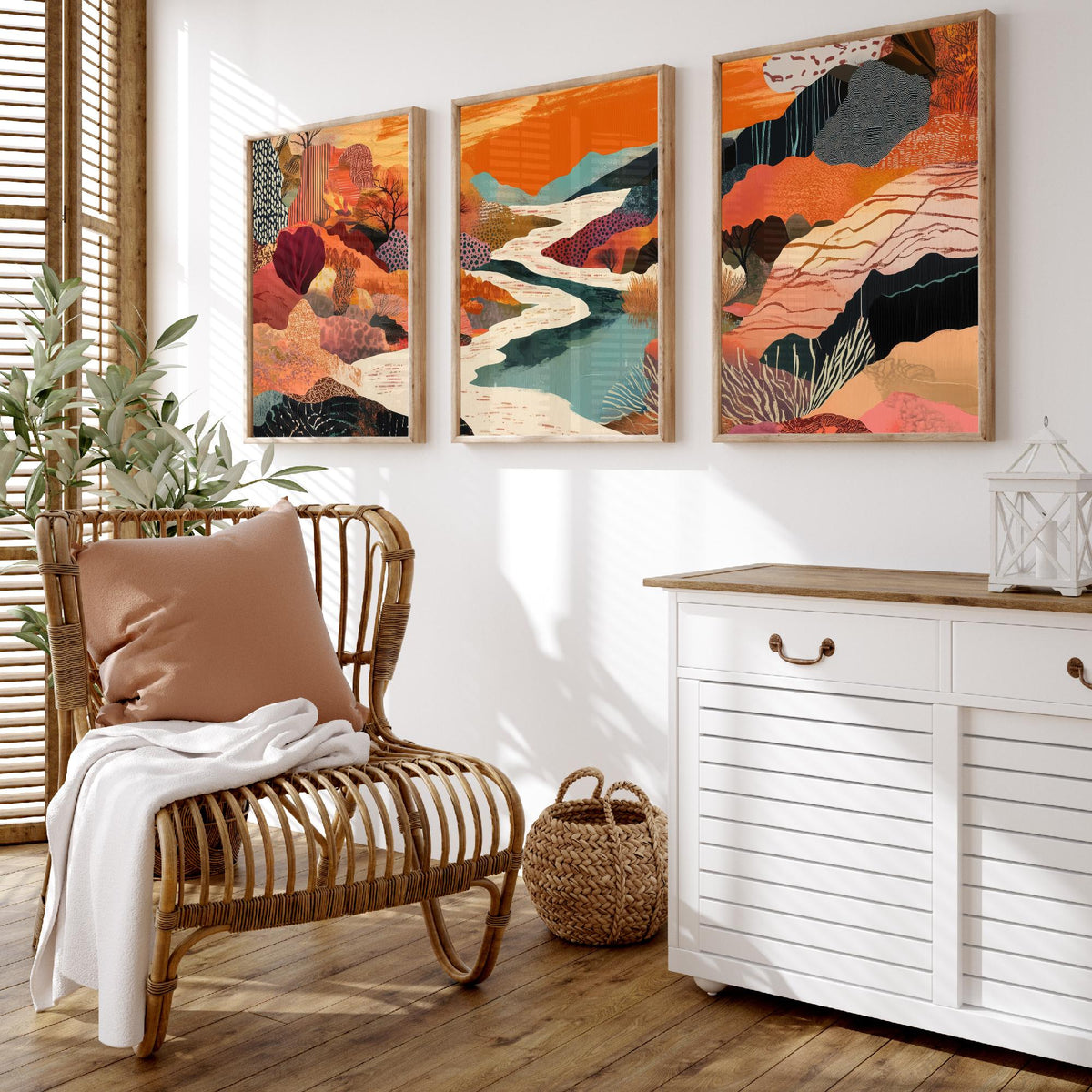Conceptual Canyon Set of Three Prints V7 - Warm Collage River Valley - Boho Abstract Landscape Illustration Poster Wall Art