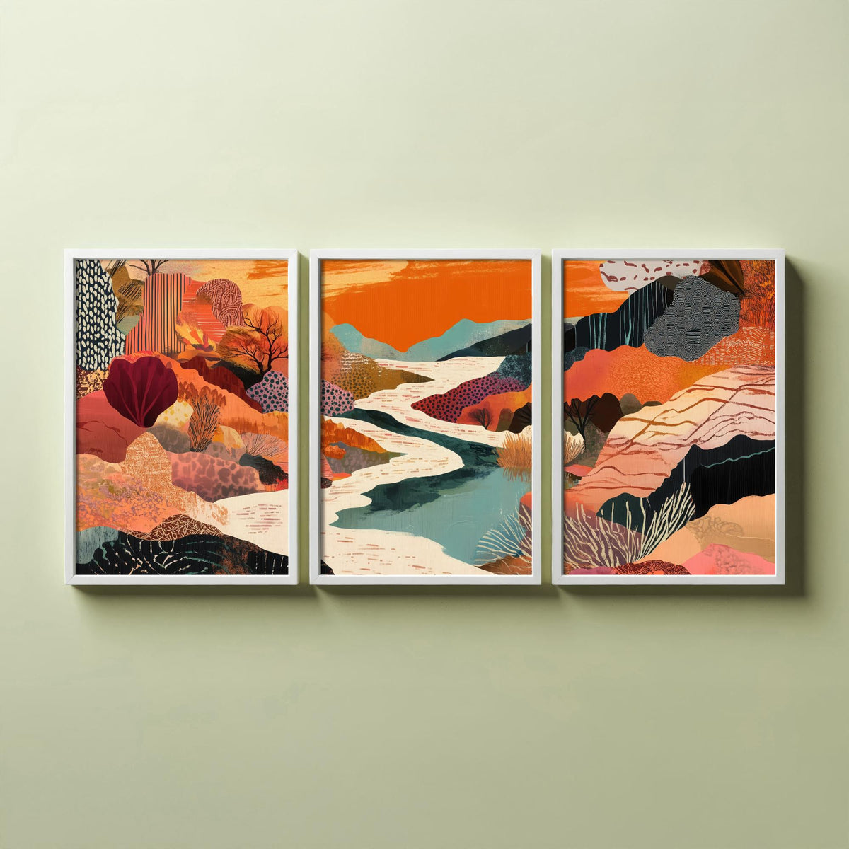 Conceptual Canyon Set of Three Prints V7 - Warm Collage River Valley - Boho Abstract Landscape Illustration Poster Wall Art