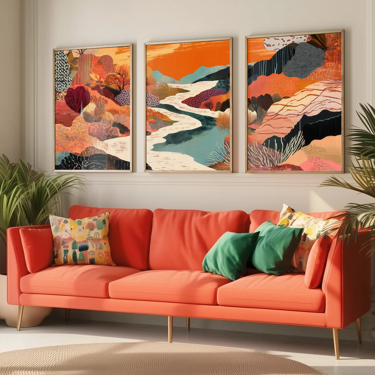 Conceptual Canyon Set of Three Prints V7 - Warm Collage River Valley - Boho Abstract Landscape Illustration Poster Wall Art