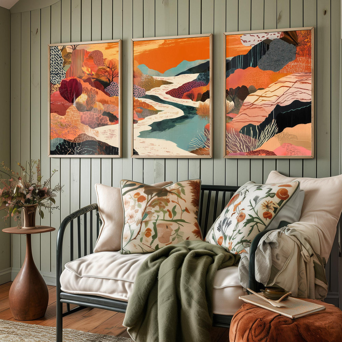 Conceptual Canyon Set of Three Prints V7 - Warm Collage River Valley - Boho Abstract Landscape Illustration Poster Wall Art