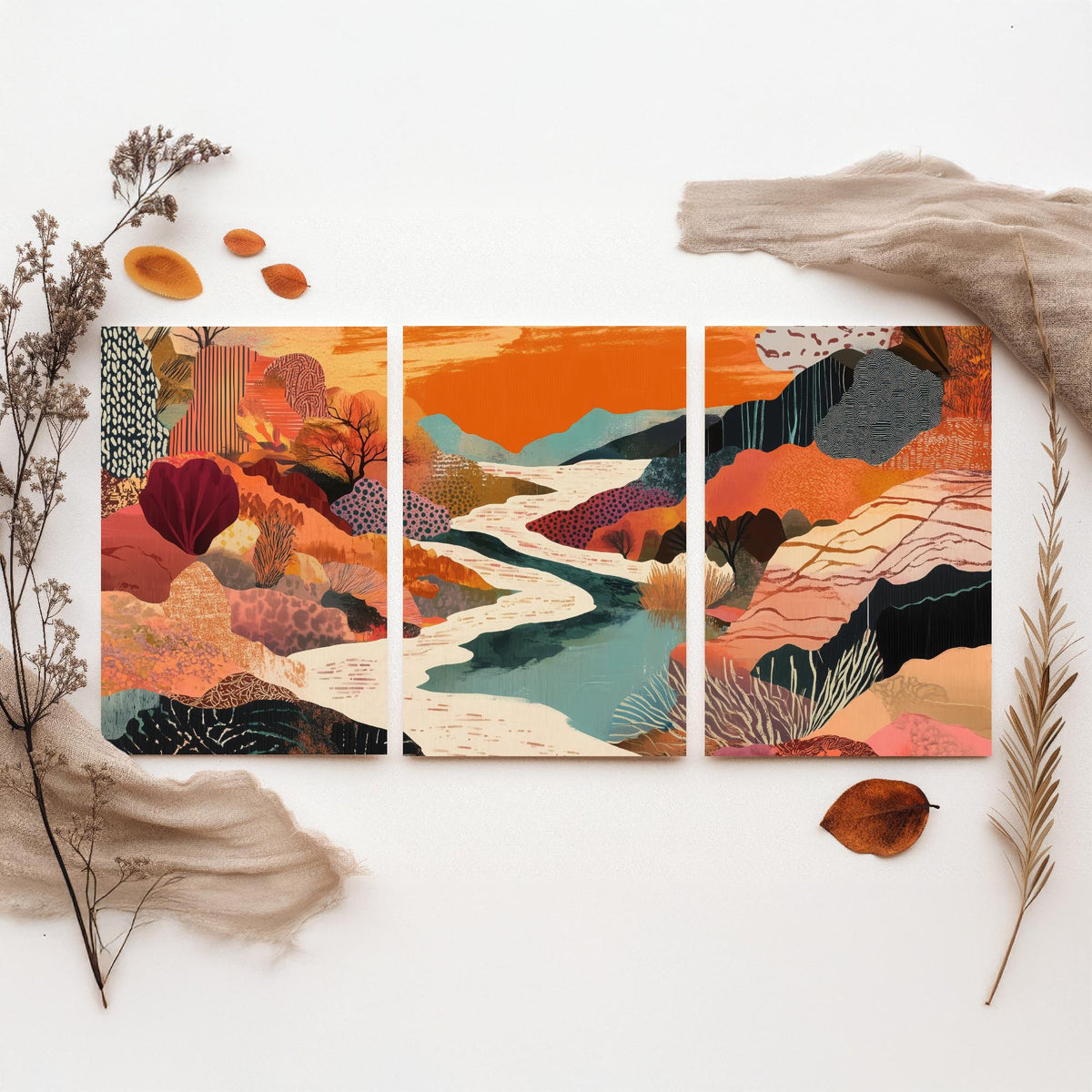 Conceptual Canyon Set of Three Prints V7 - Warm Collage River Valley - Boho Abstract Landscape Illustration Poster Wall Art