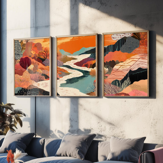 Conceptual Canyon Set of Three Prints V7 - Warm Collage River Valley - Boho Abstract Landscape Illustration Poster Wall Art