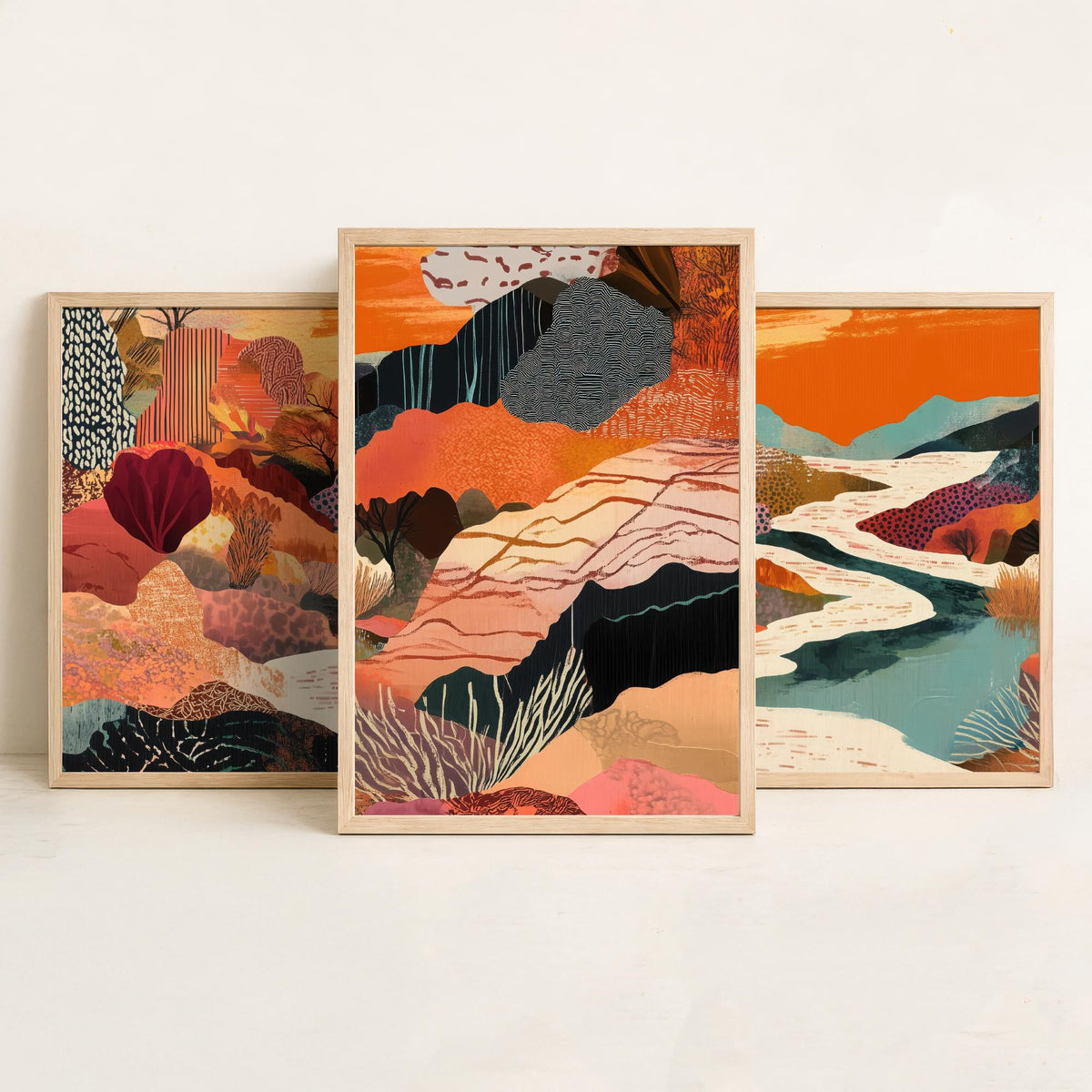 Conceptual Canyon Set of Three Prints V7 - Warm Collage River Valley - Boho Abstract Landscape Illustration Poster Wall Art