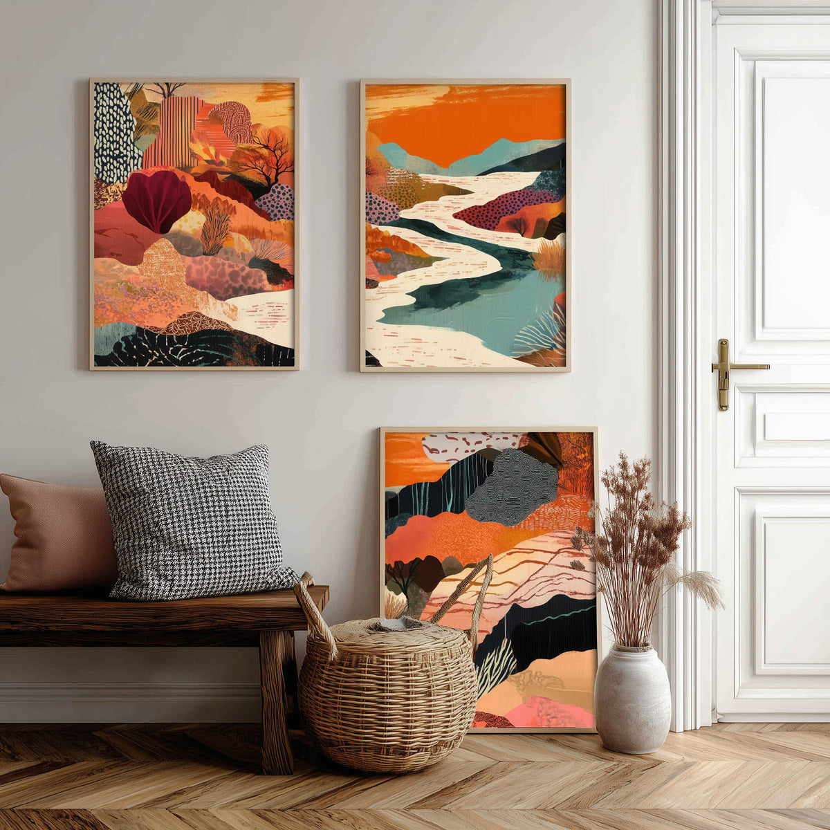 Conceptual Canyon Set of Three Prints V7 - Warm Collage River Valley - Boho Abstract Landscape Illustration Poster Wall Art