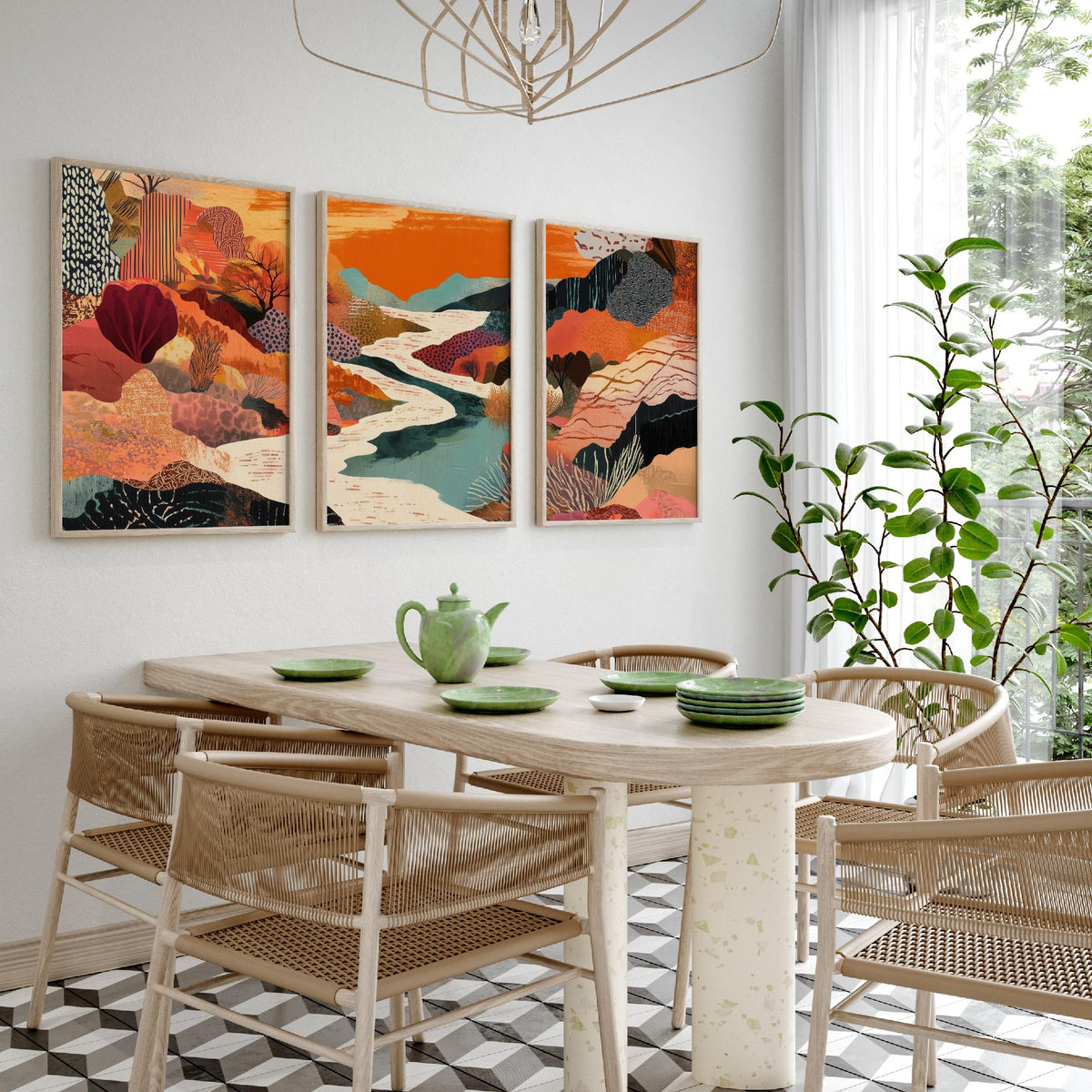 Conceptual Canyon Set of Three Prints V7 - Warm Collage River Valley - Boho Abstract Landscape Illustration Poster Wall Art