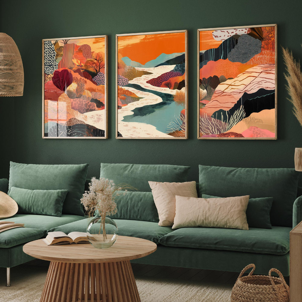 Conceptual Canyon Set of Three Prints V7 - Warm Collage River Valley - Boho Abstract Landscape Illustration Poster Wall Art