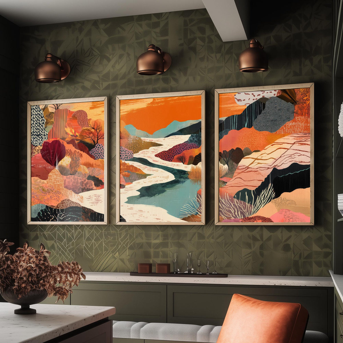 Conceptual Canyon Set of Three Prints V7 - Warm Collage River Valley - Boho Abstract Landscape Illustration Poster Wall Art