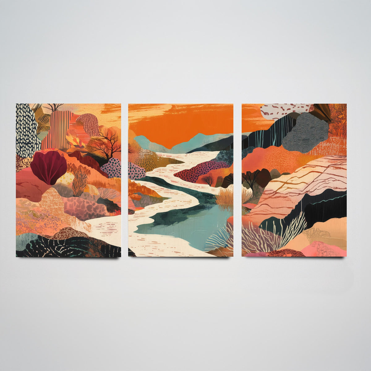 Conceptual Canyon Set of Three Prints V7 - Warm Collage River Valley - Boho Abstract Landscape Illustration Poster Wall Art