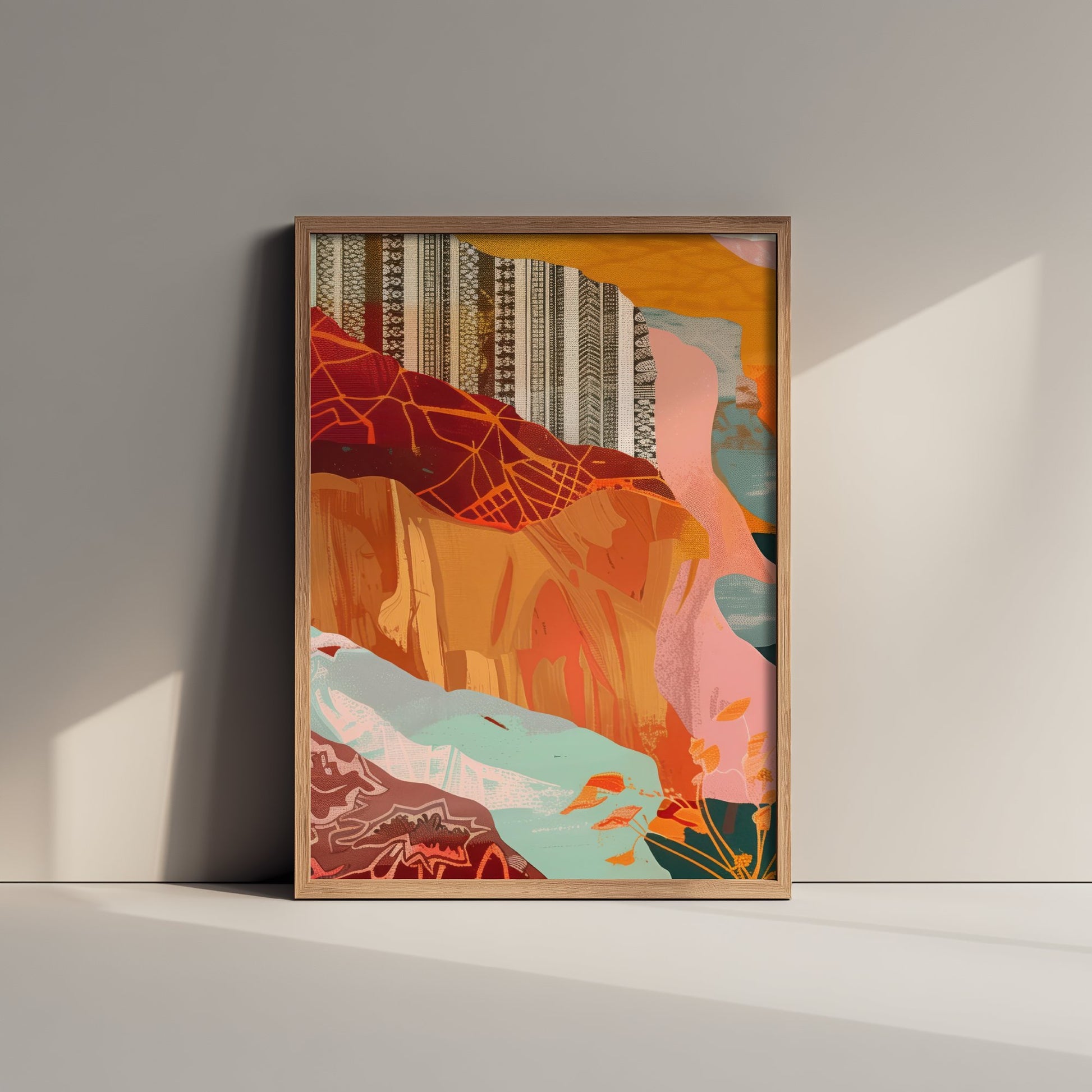 Abstract Canyon Art Print - Blush Pink Boho Landscape Poster - Pastel River Painting - Mint and Gold V8 1/3
