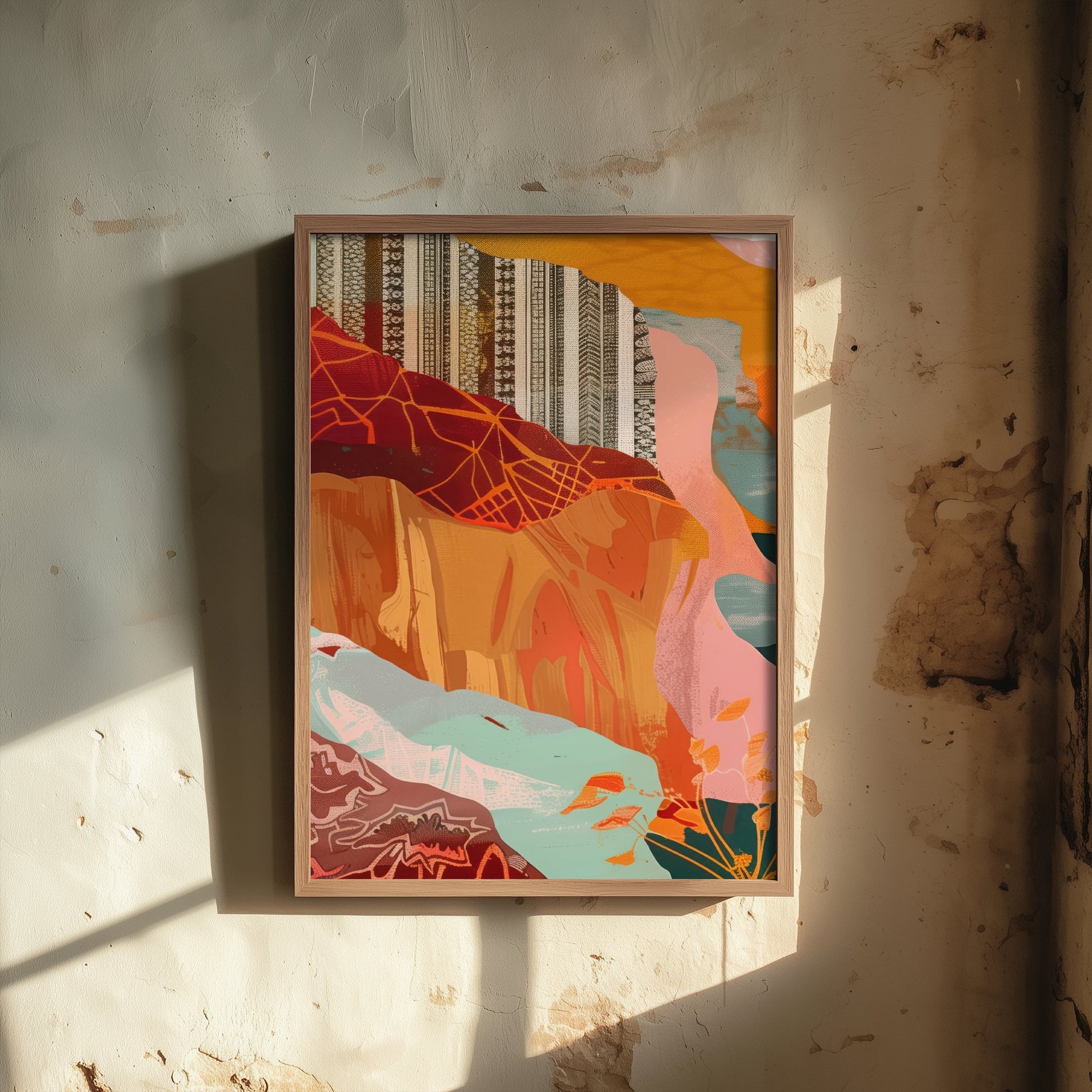 Abstract Canyon Art Print - Blush Pink Boho Landscape Poster - Pastel River Painting - Mint and Gold V8 1/3