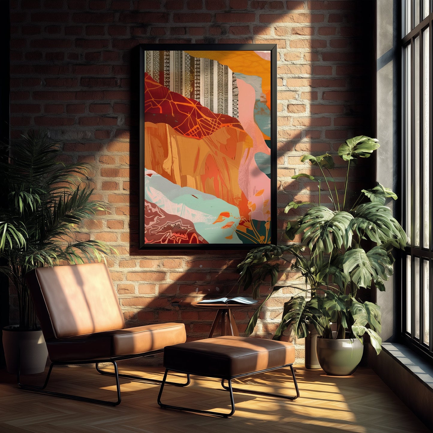 Abstract Canyon Art Print - Blush Pink Boho Landscape Poster - Pastel River Painting - Mint and Gold V8 1/3