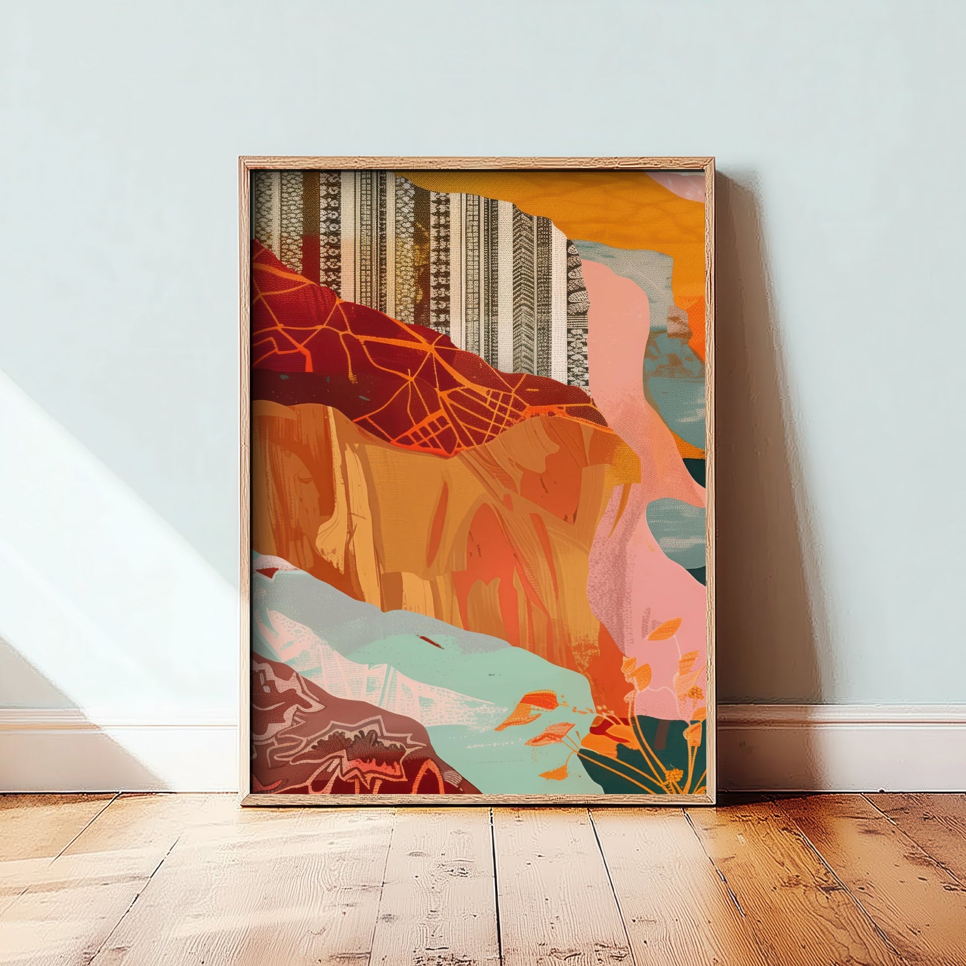Abstract Canyon Art Print - Blush Pink Boho Landscape Poster - Pastel River Painting - Mint and Gold V8 1/3